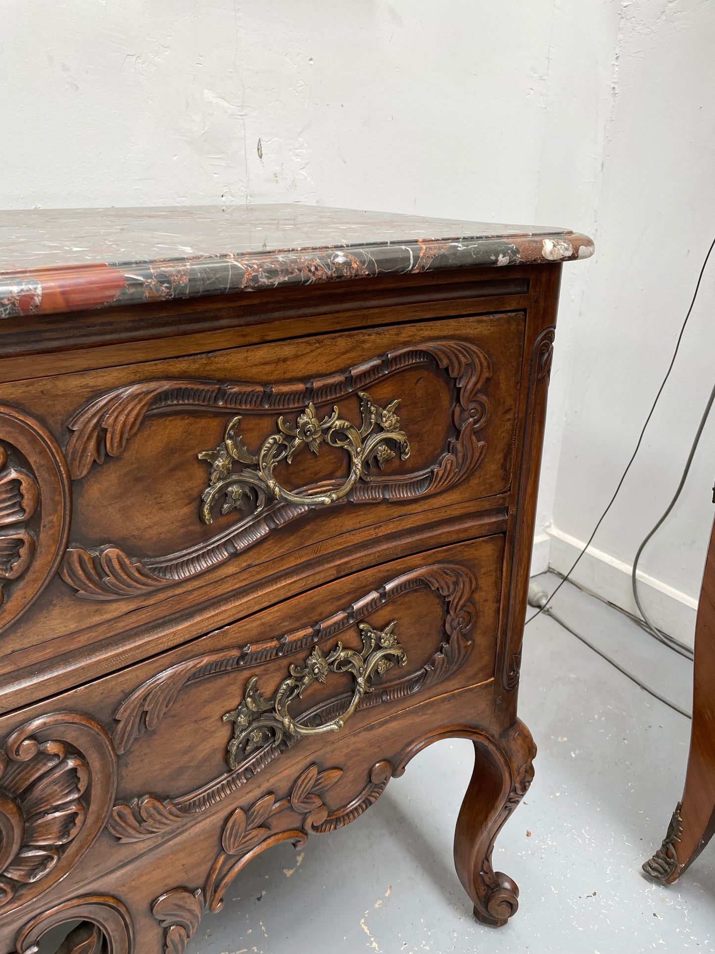 Highly Decorative Louis XIV Marble Top Two Drawer Commode