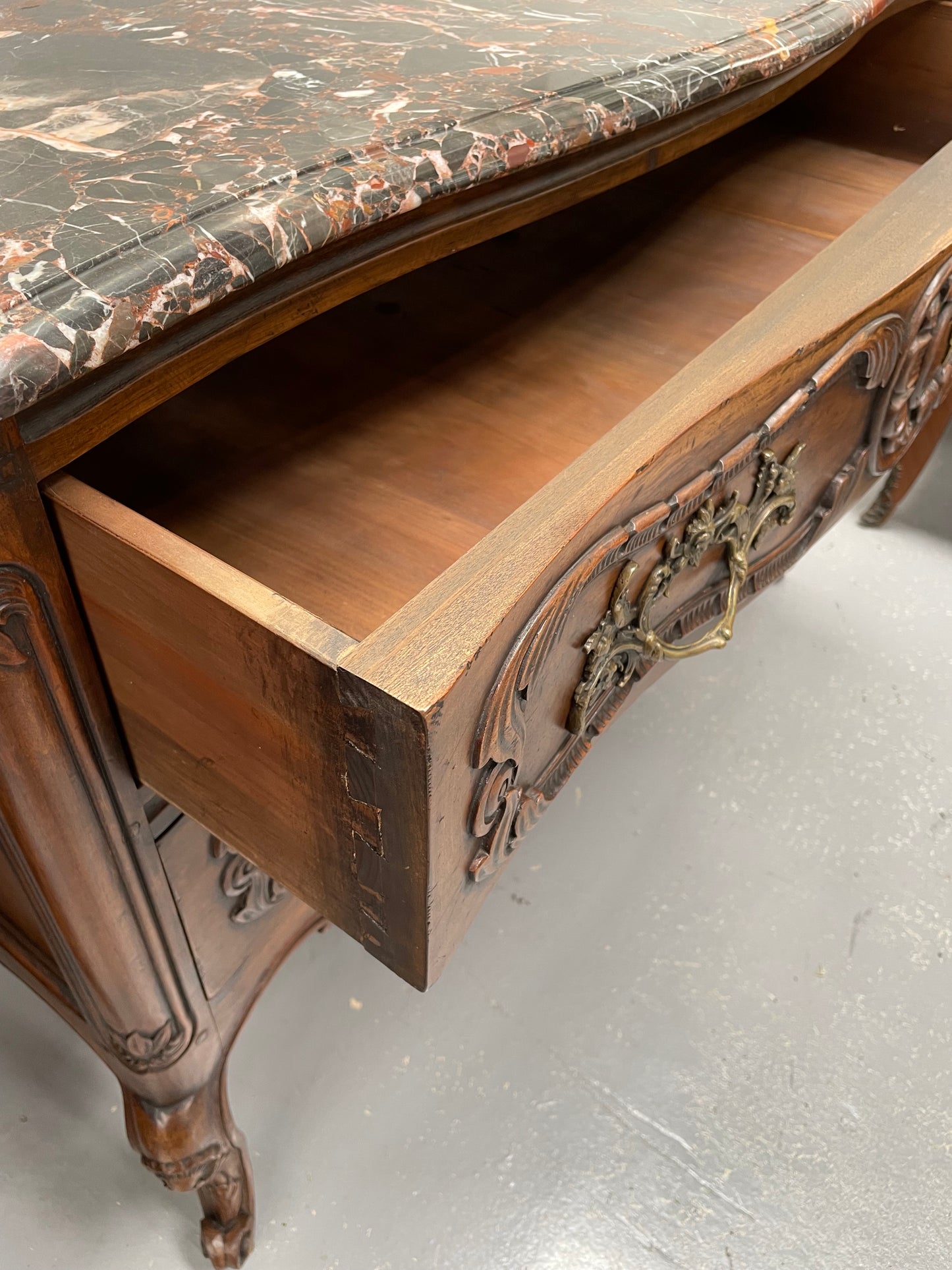 Highly Decorative Louis XIV Marble Top Two Drawer Commode