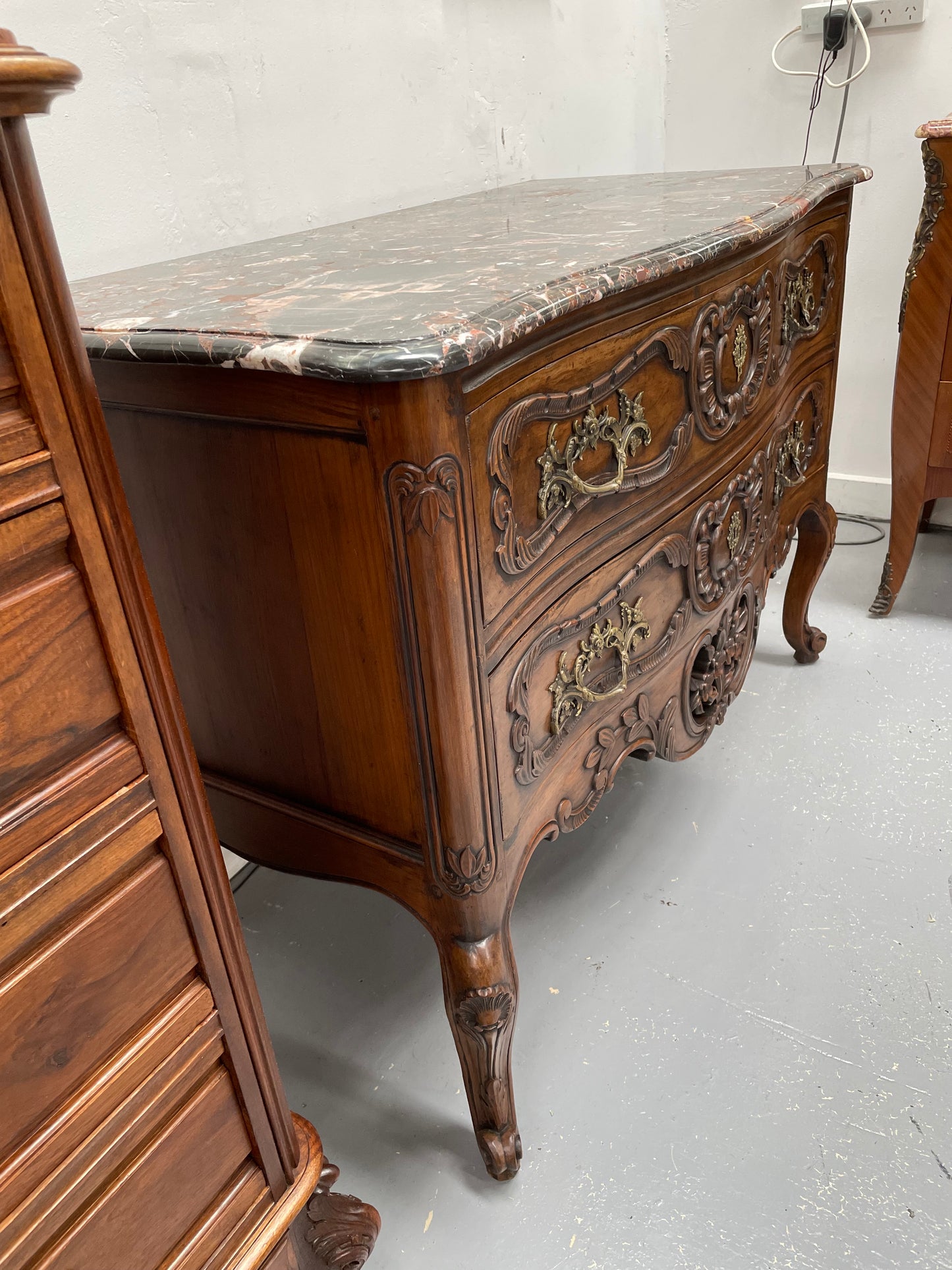 Highly Decorative Louis XIV Marble Top Two Drawer Commode