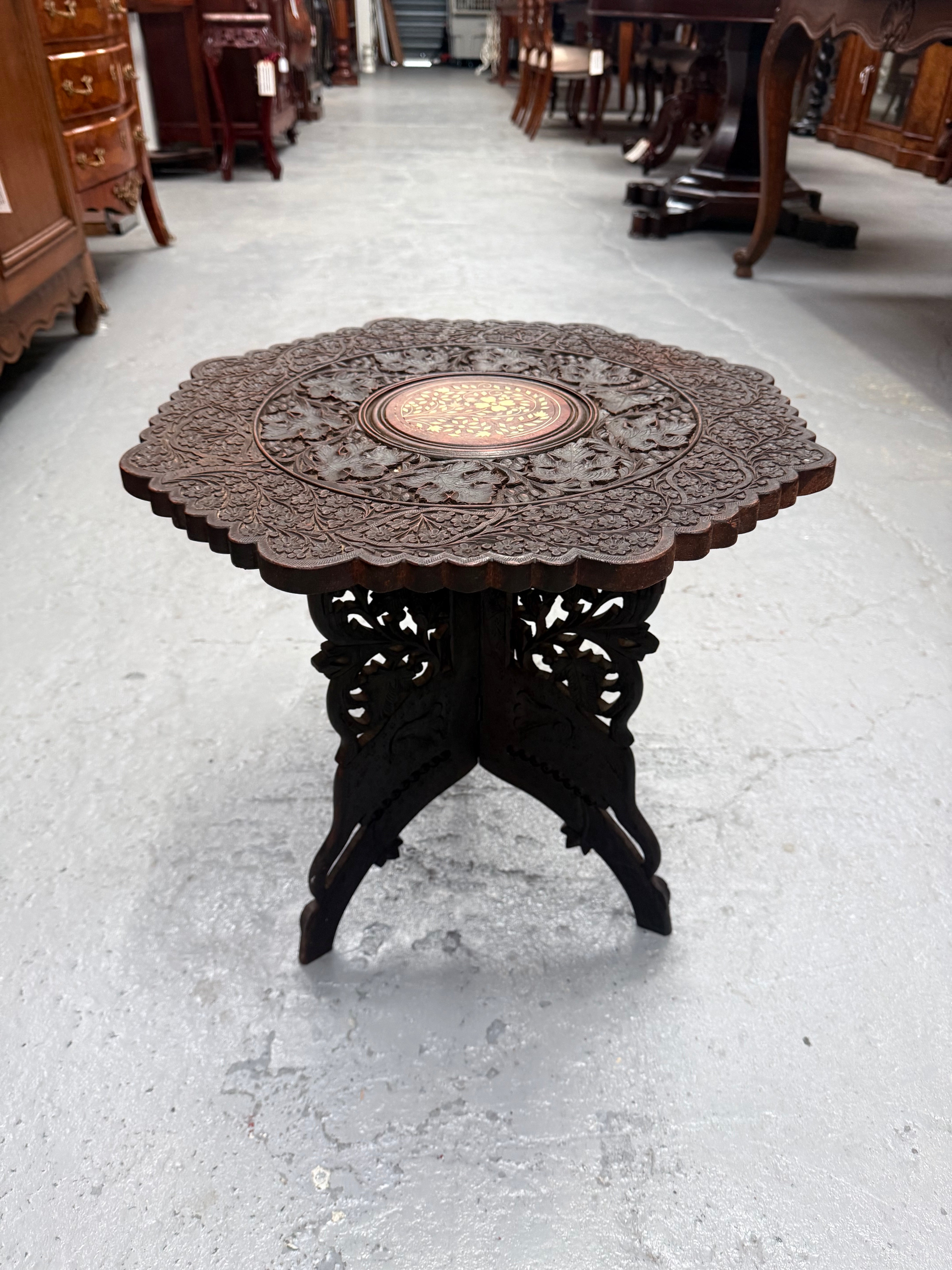 Hardwood Hand Carved Inlay Side Table | Antique & Vintage | Moonee Ponds Antiques | Australia Wide