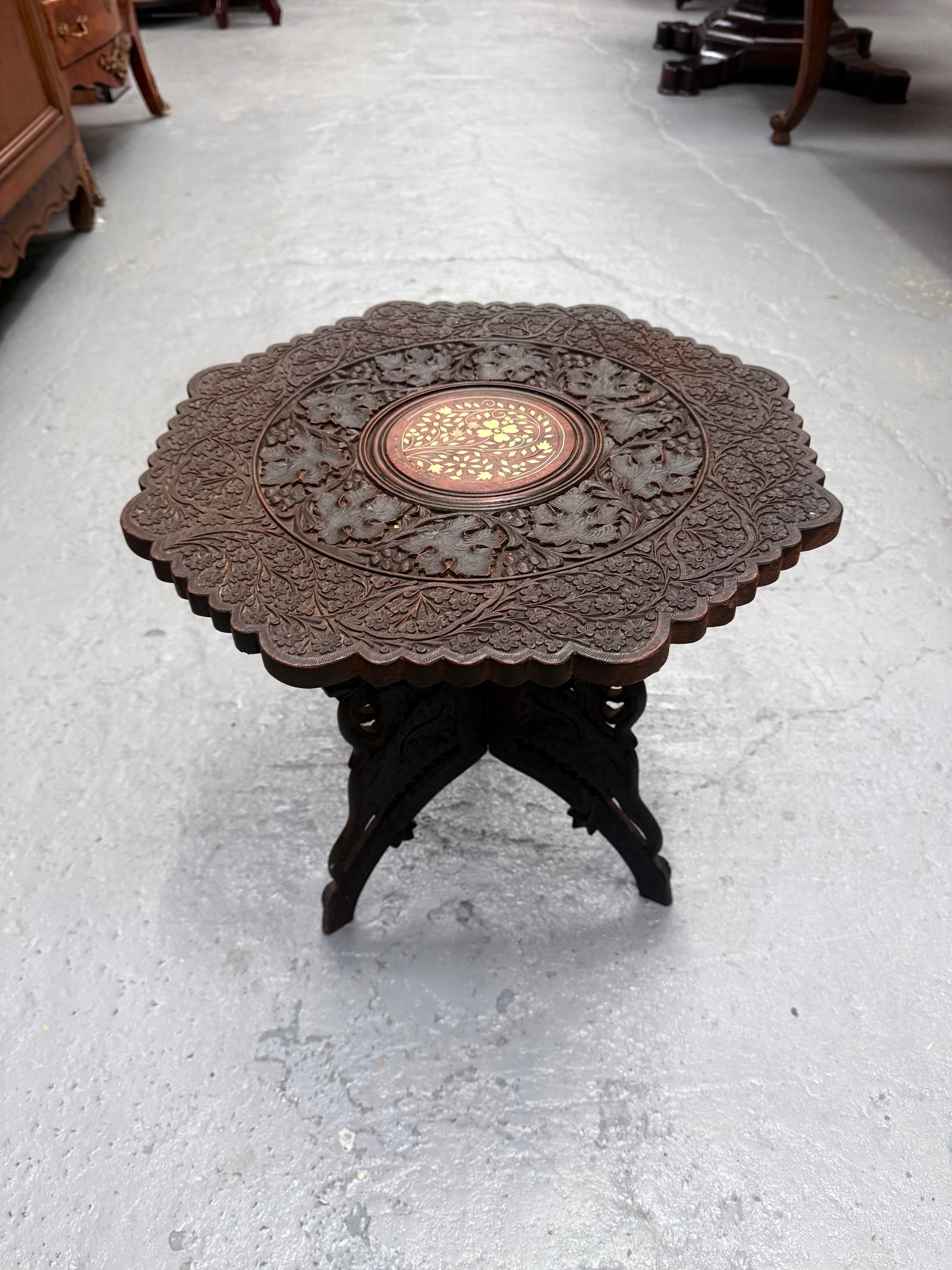 Hardwood Hand Carved Inlay Side Table | Antique & Vintage | Moonee Ponds Antiques | Australia Wide