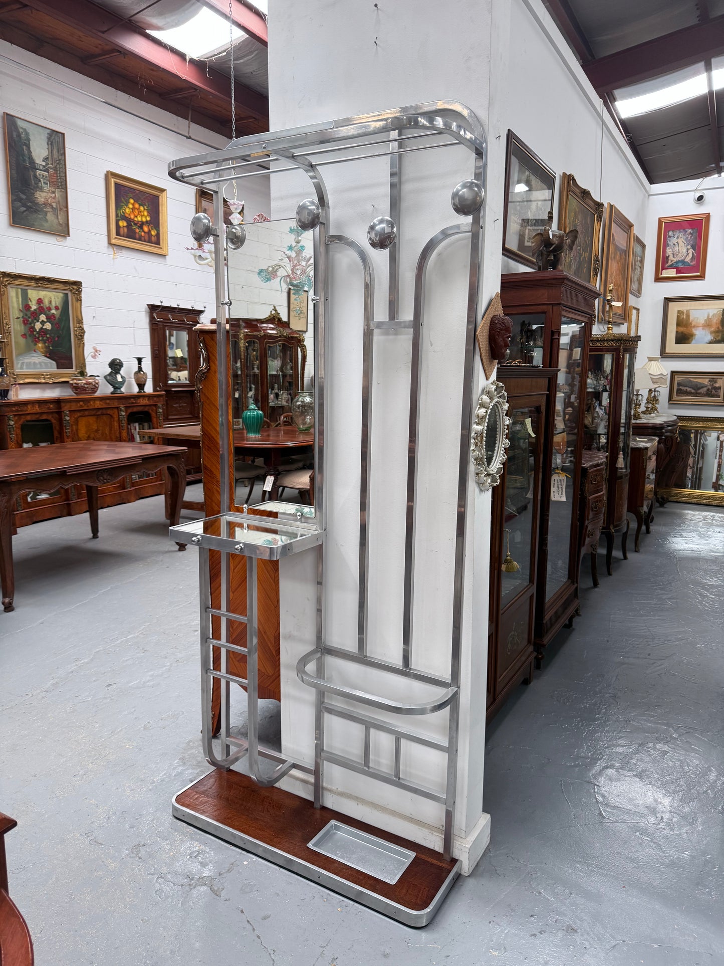 French Art Deco Style Brushed Aluminium Frame Hall Stand