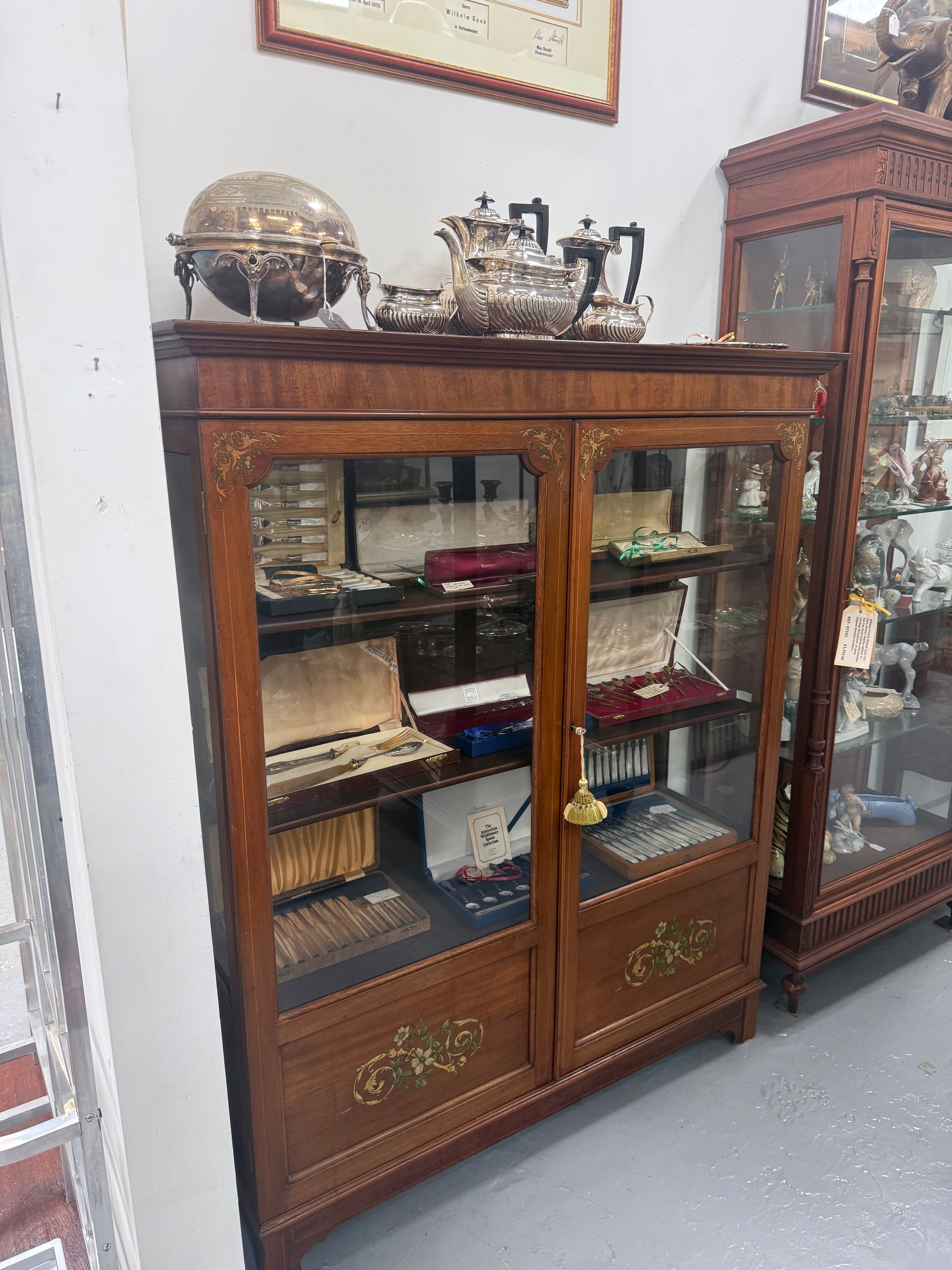 Edwardian Marquetry Inlaid & Hand Painted Display Cabinet | Antique & Vintage | Moonee Ponds Antiques | Australia Wide