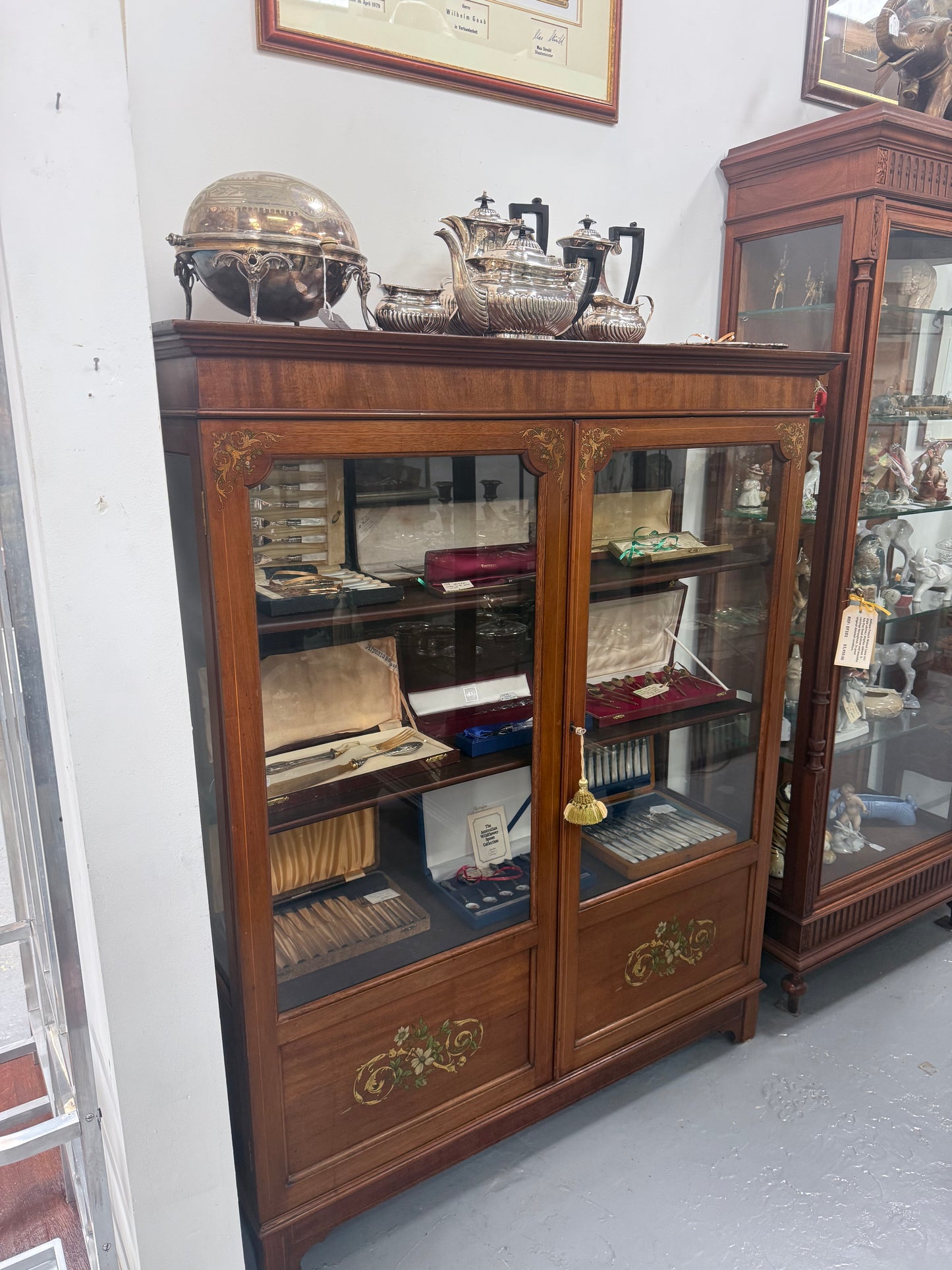 Edwardian Marquetry Inlaid & Hand Painted Display Cabinet