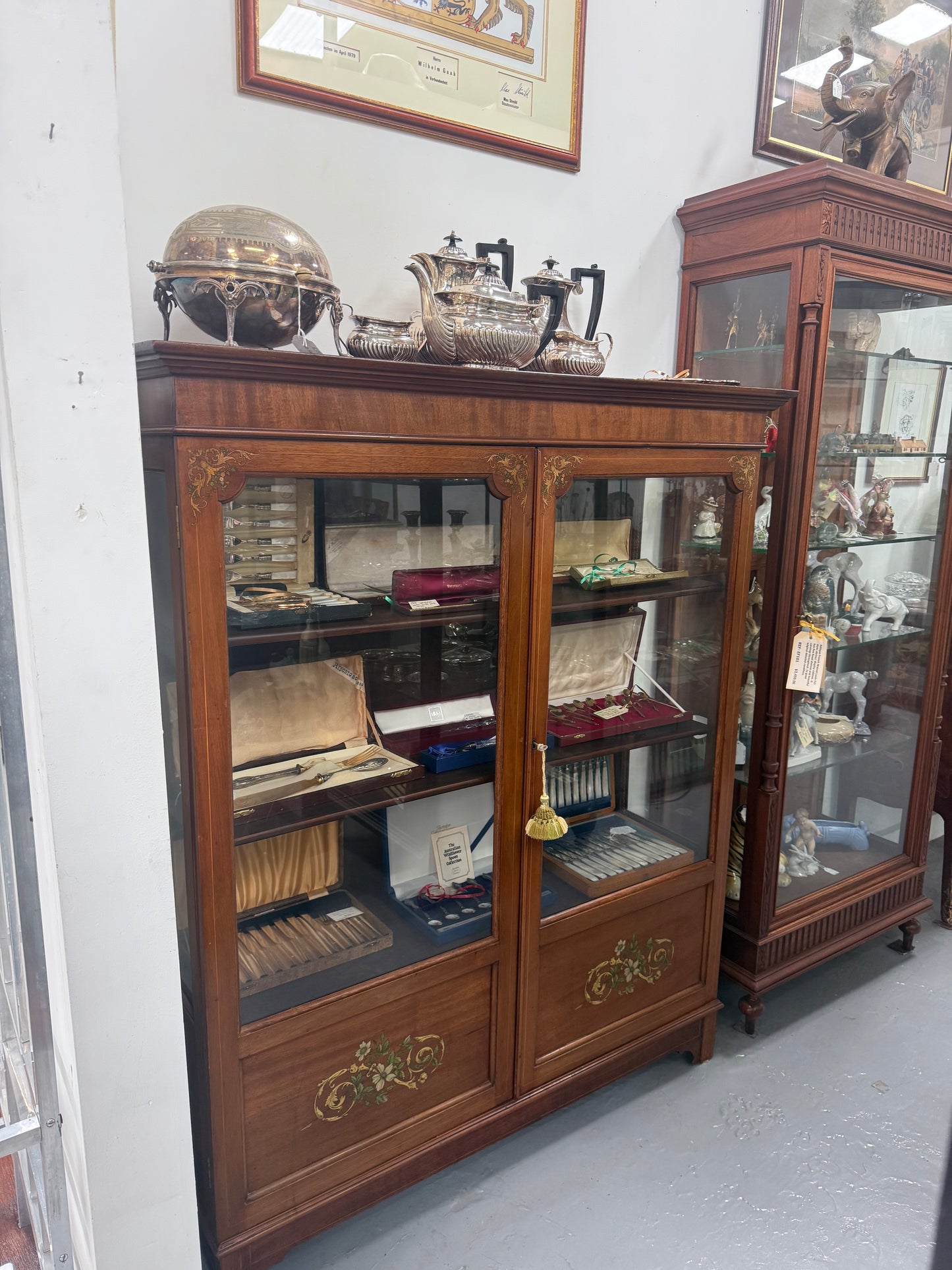Edwardian Marquetry Inlaid & Hand Painted Display Cabinet