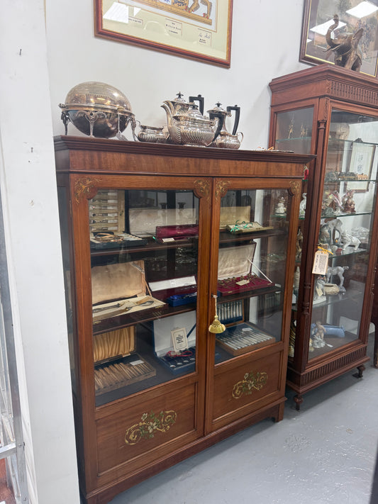 Edwardian Marquetry Inlaid & Hand Painted Display Cabinet