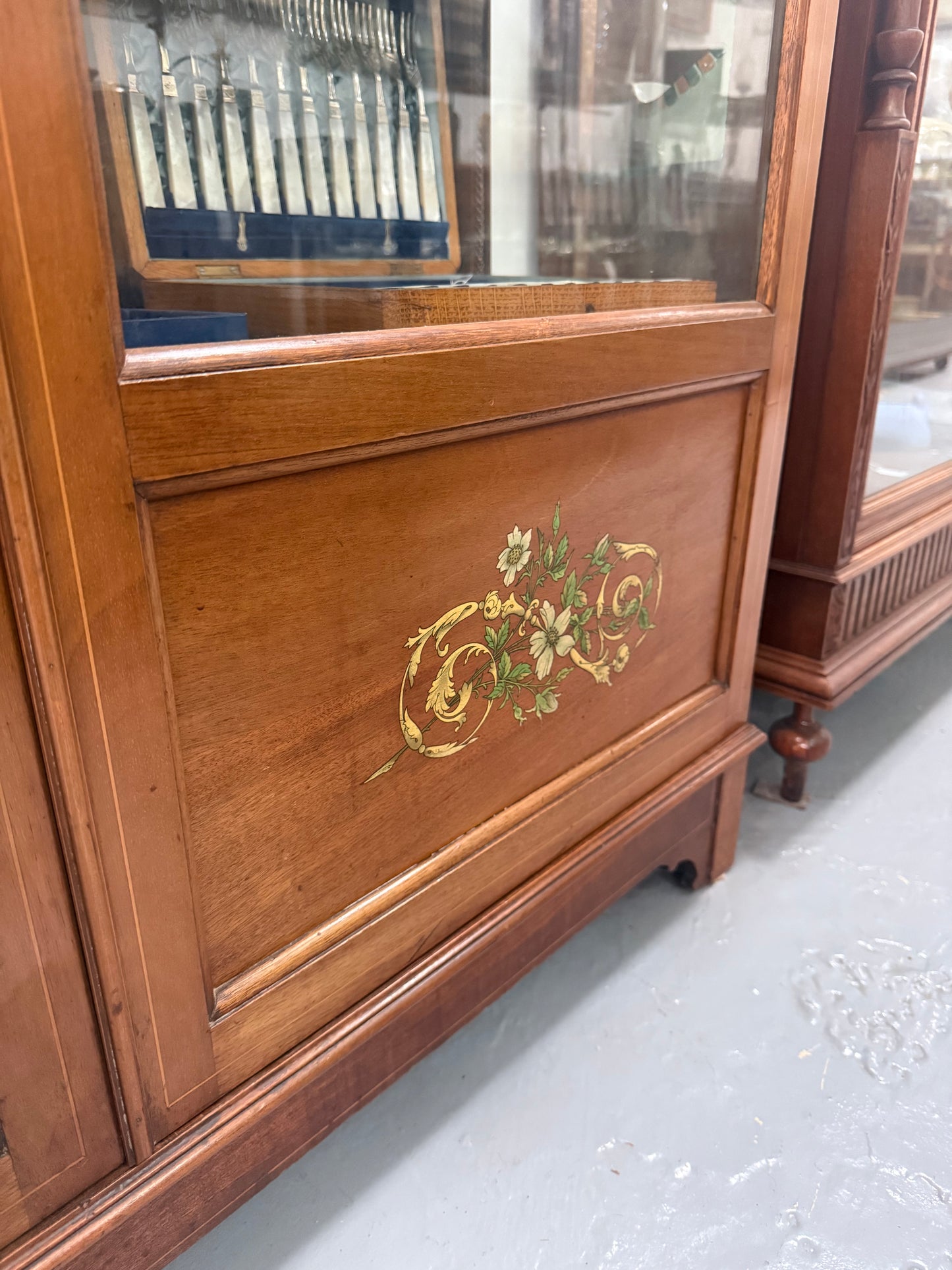 Edwardian Marquetry Inlaid & Hand Painted Display Cabinet