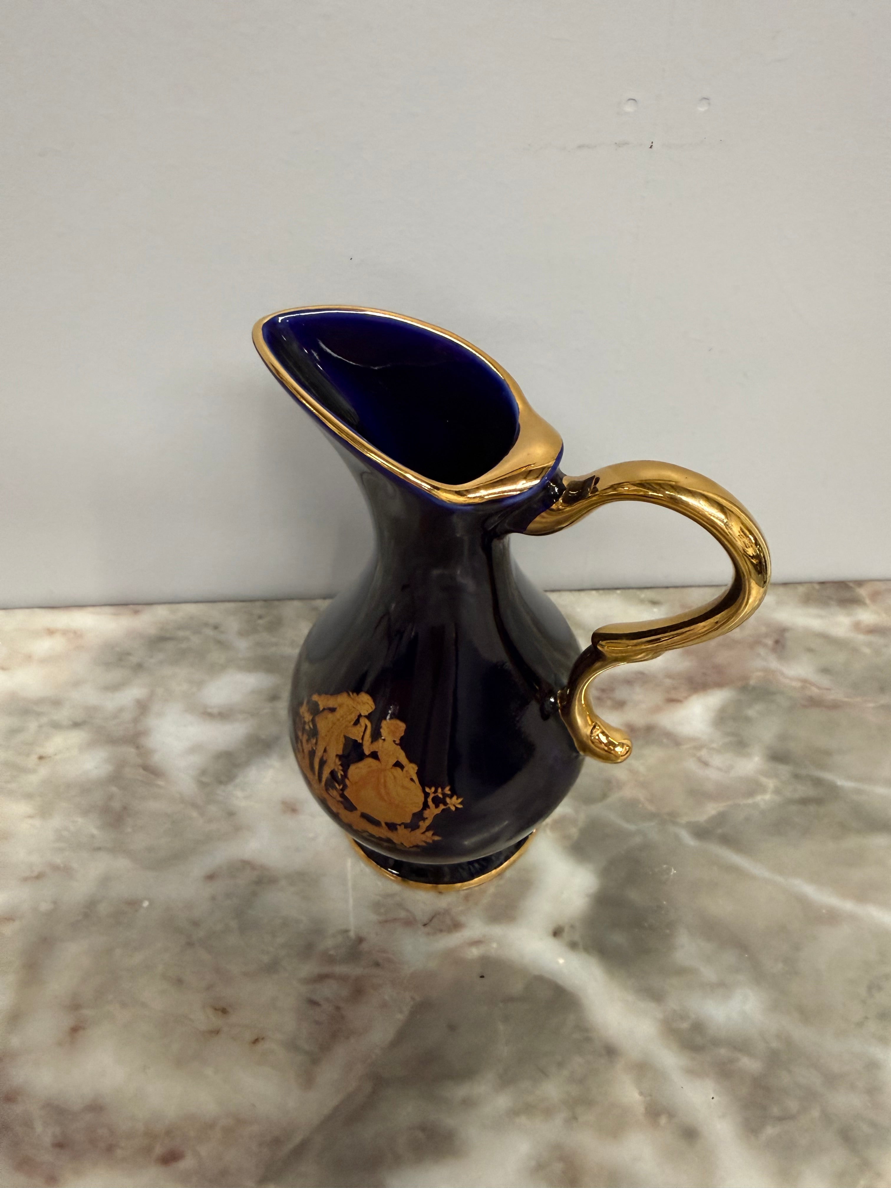 Limoges Vintage Cobalt Blue & Gilt Jug Signed 22K Gold