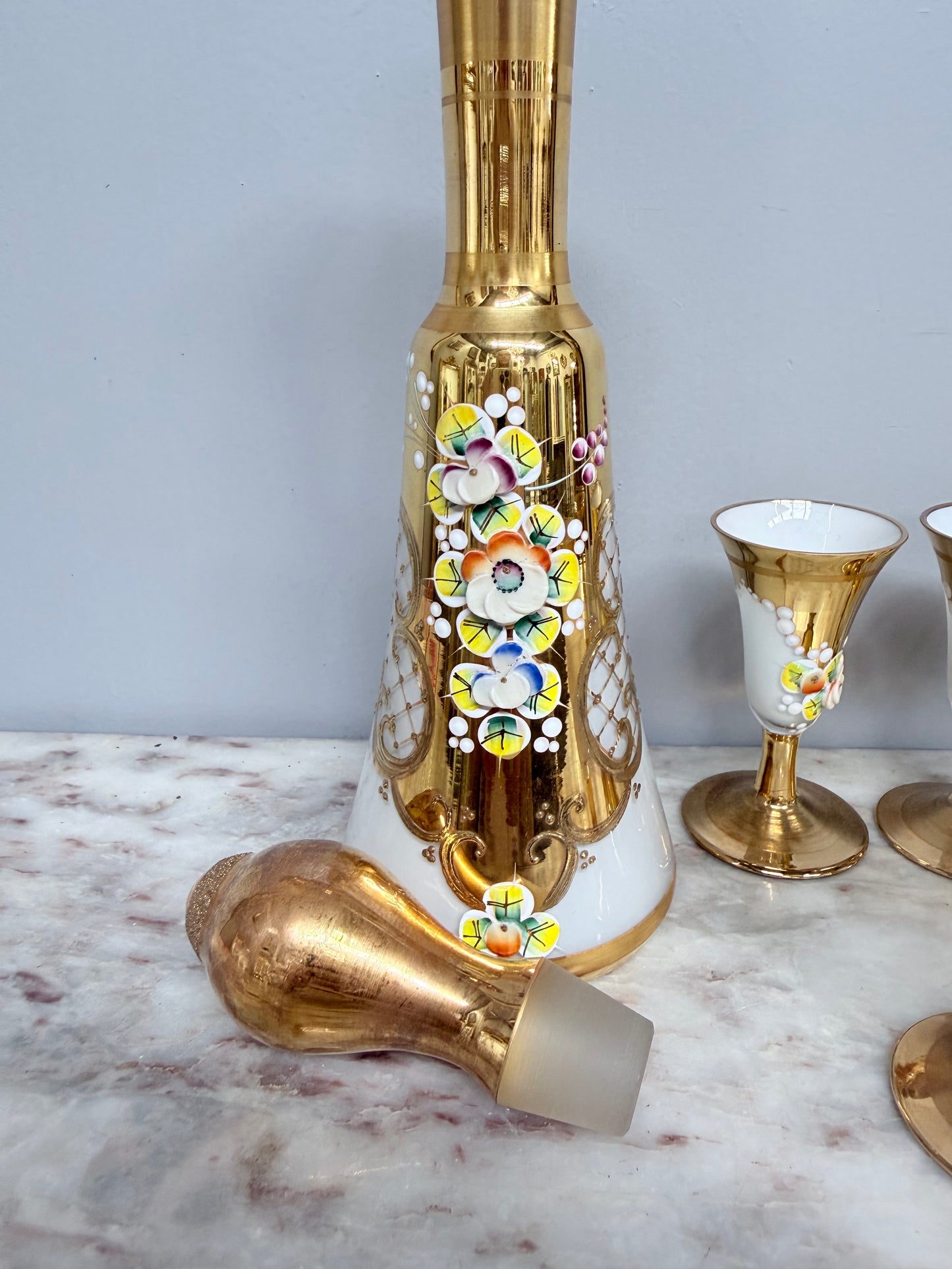 Vintage Opaline Decanter Set with Glasses