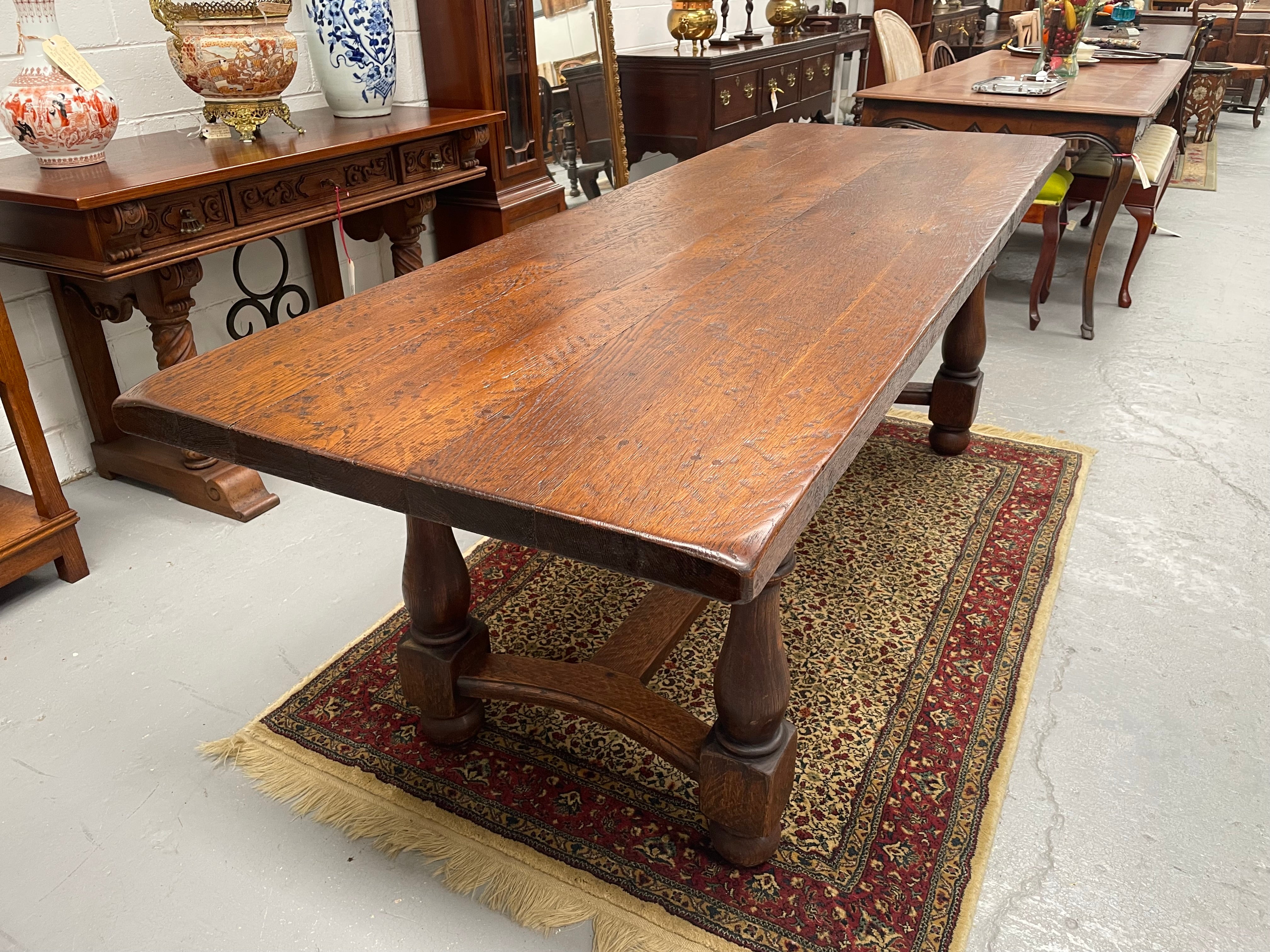 Solid Rustic French Farmhouse Table With Stretcher Base