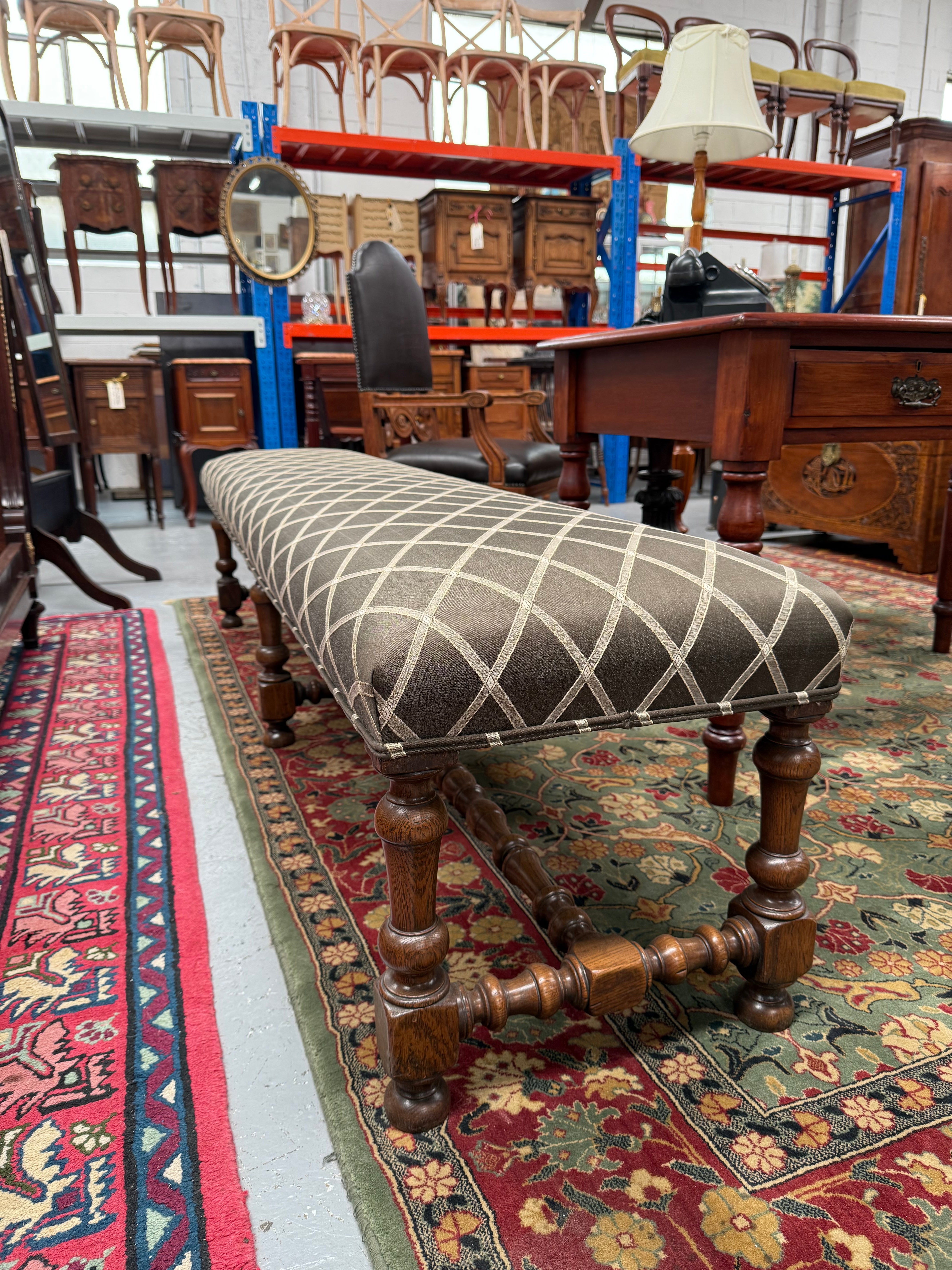 19th Century French Oak Long Upholstered Stool | Antique & Vintage | Moonee Ponds Antiques | Australia Wide Delivery