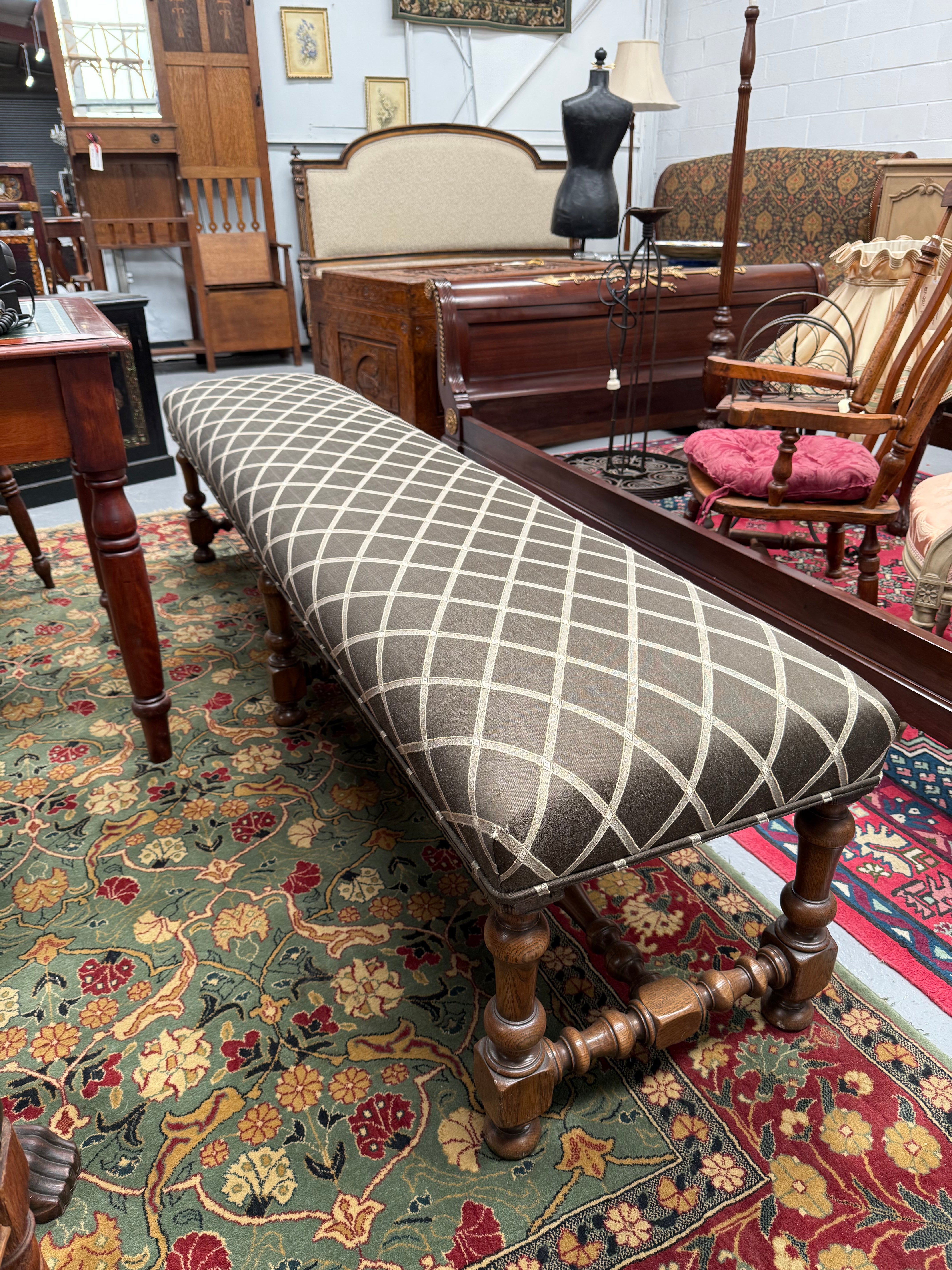 19th Century French Oak Long Upholstered Stool | Antique & Vintage | Moonee Ponds Antiques | Australia Wide Delivery