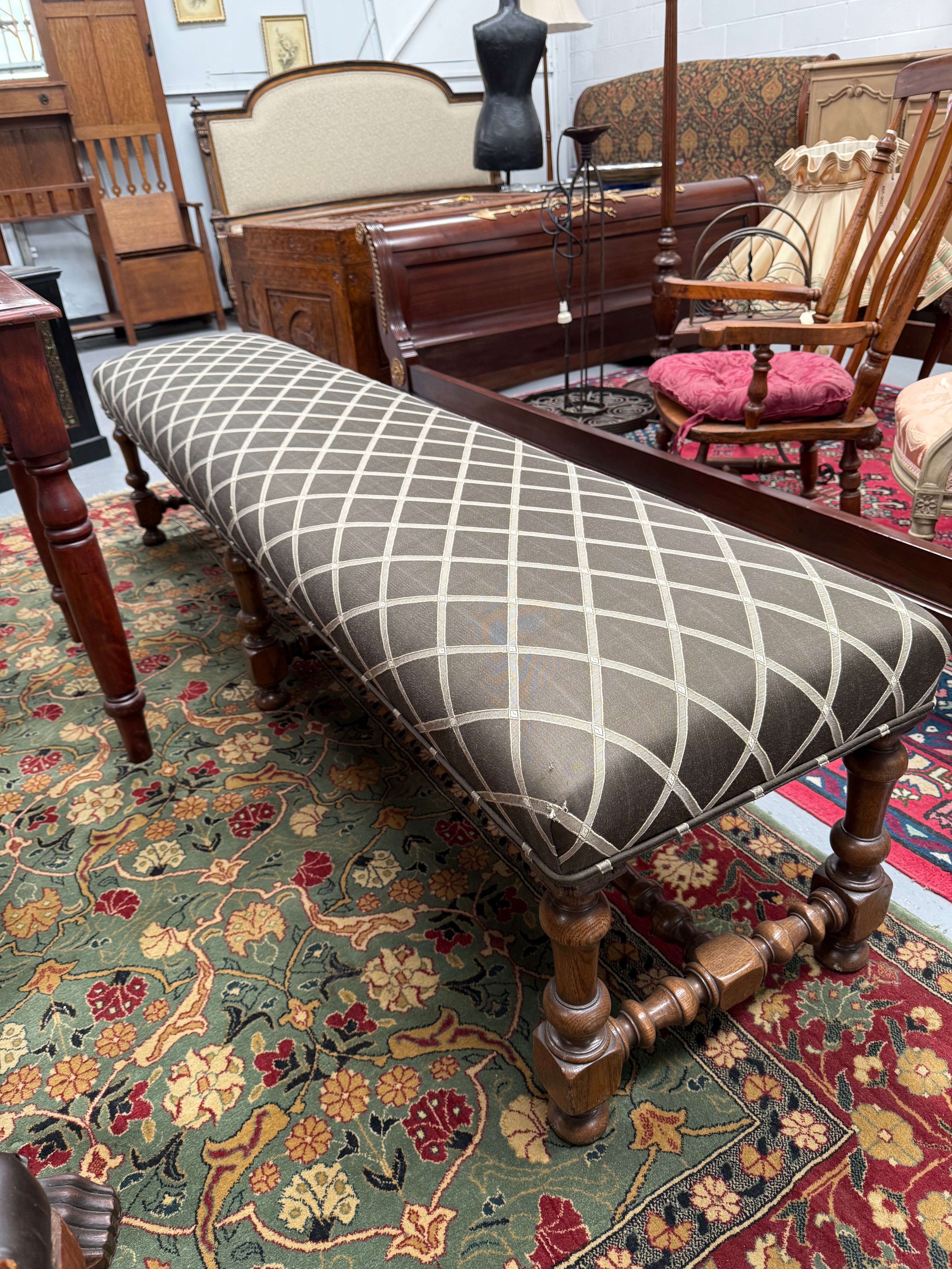19th Century French Oak Long Upholstered Stool | Antique & Vintage | Moonee Ponds Antiques | Australia Wide Delivery