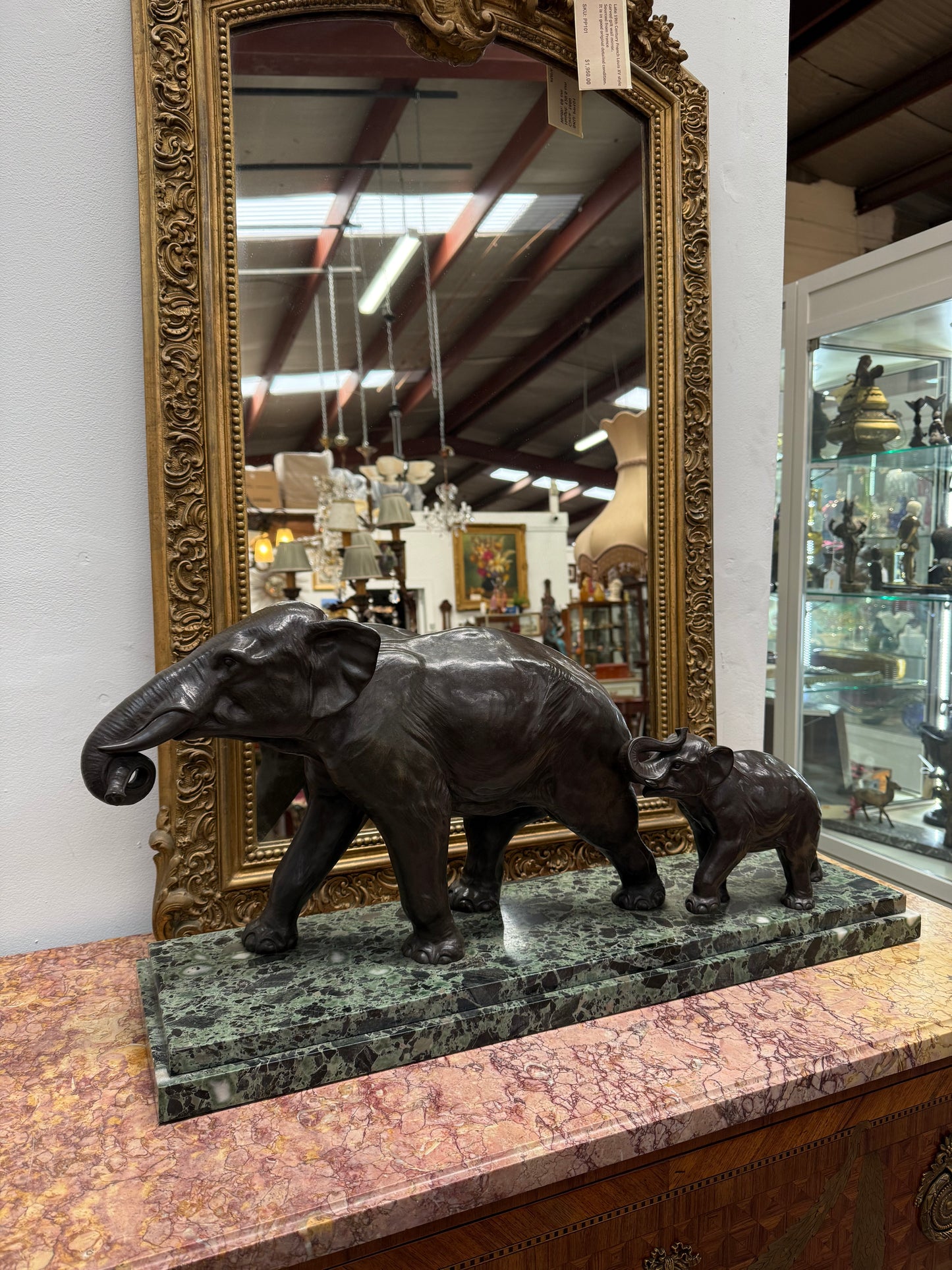 Art Deco Bronze & Marble Elephant Group Sculpture Signed "Richard"