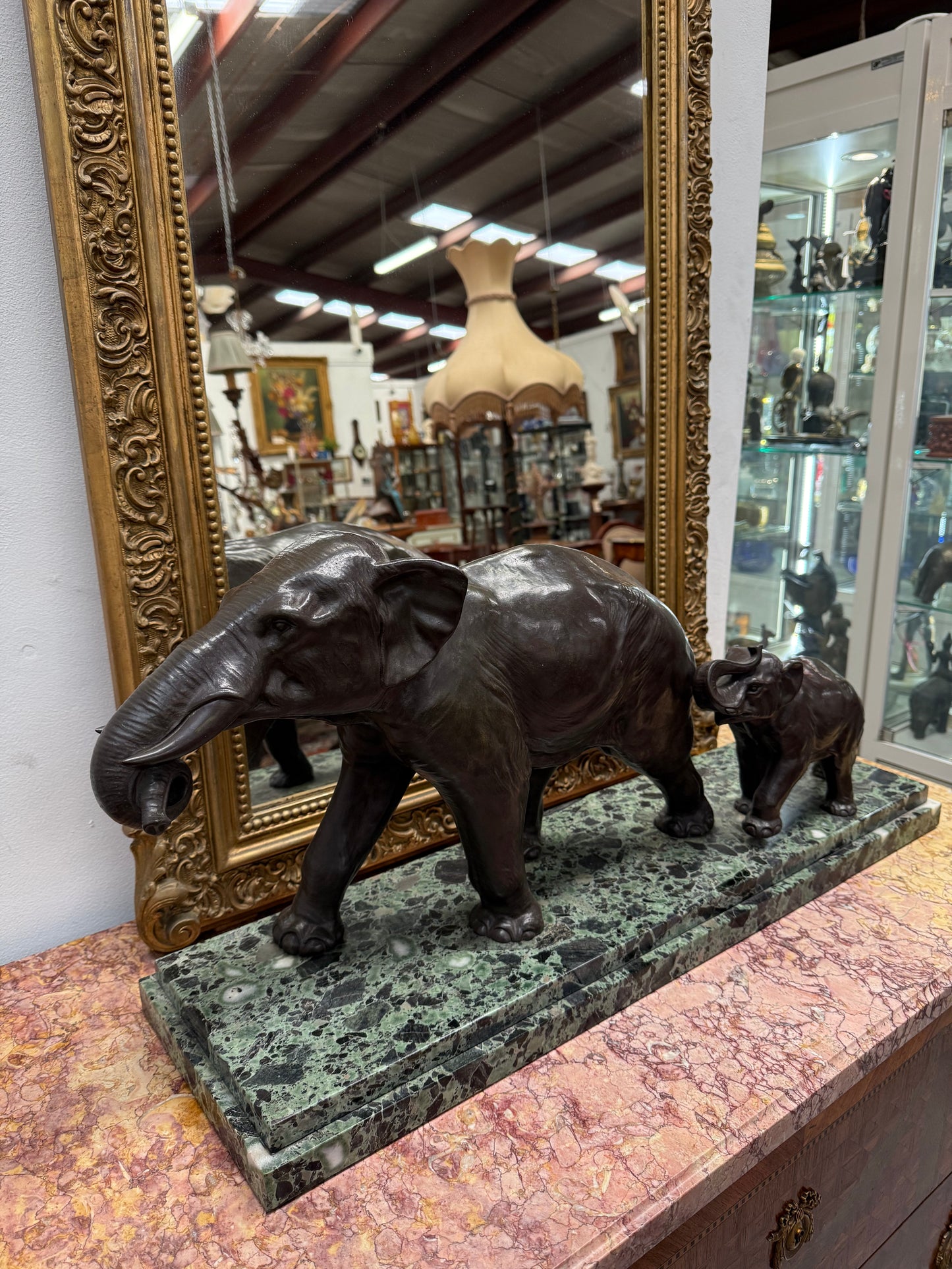 Art Deco Bronze & Marble Elephant Group Sculpture Signed "Richard"