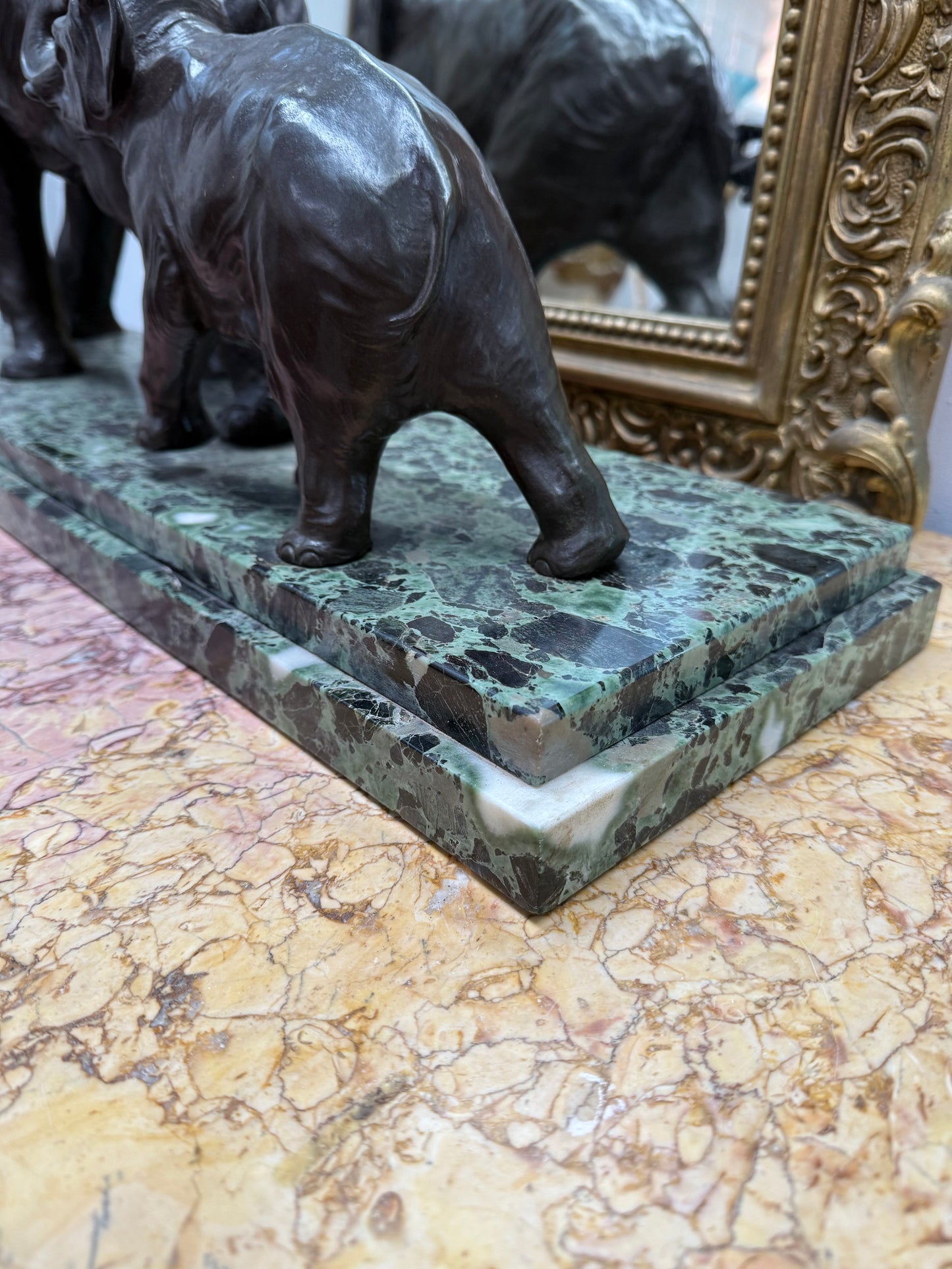 Art Deco Bronze & Marble Elephant Group Sculpture Signed "Richard"