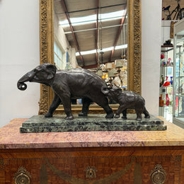 Art Deco Bronze & Marble Elephant Group Sculpture Signed "Richard"