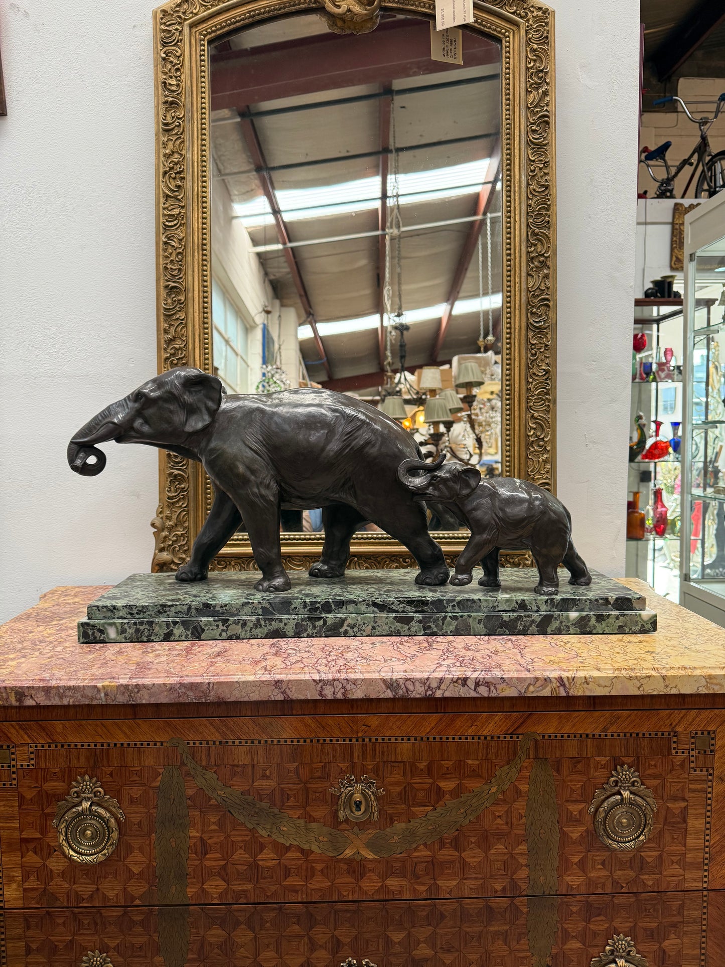 Art Deco Bronze & Marble Elephant Group Sculpture Signed "Richard"