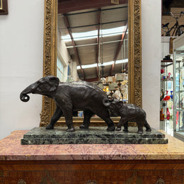 Art Deco Bronze & Marble Elephant Group Sculpture Signed "Richard"