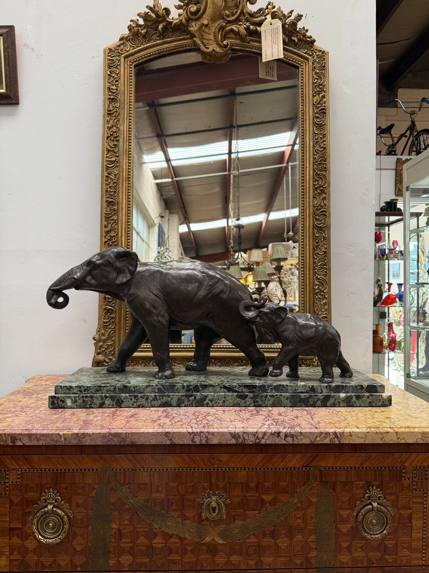 Art Deco Bronze & Marble Elephant Group Sculpture Signed "Richard"