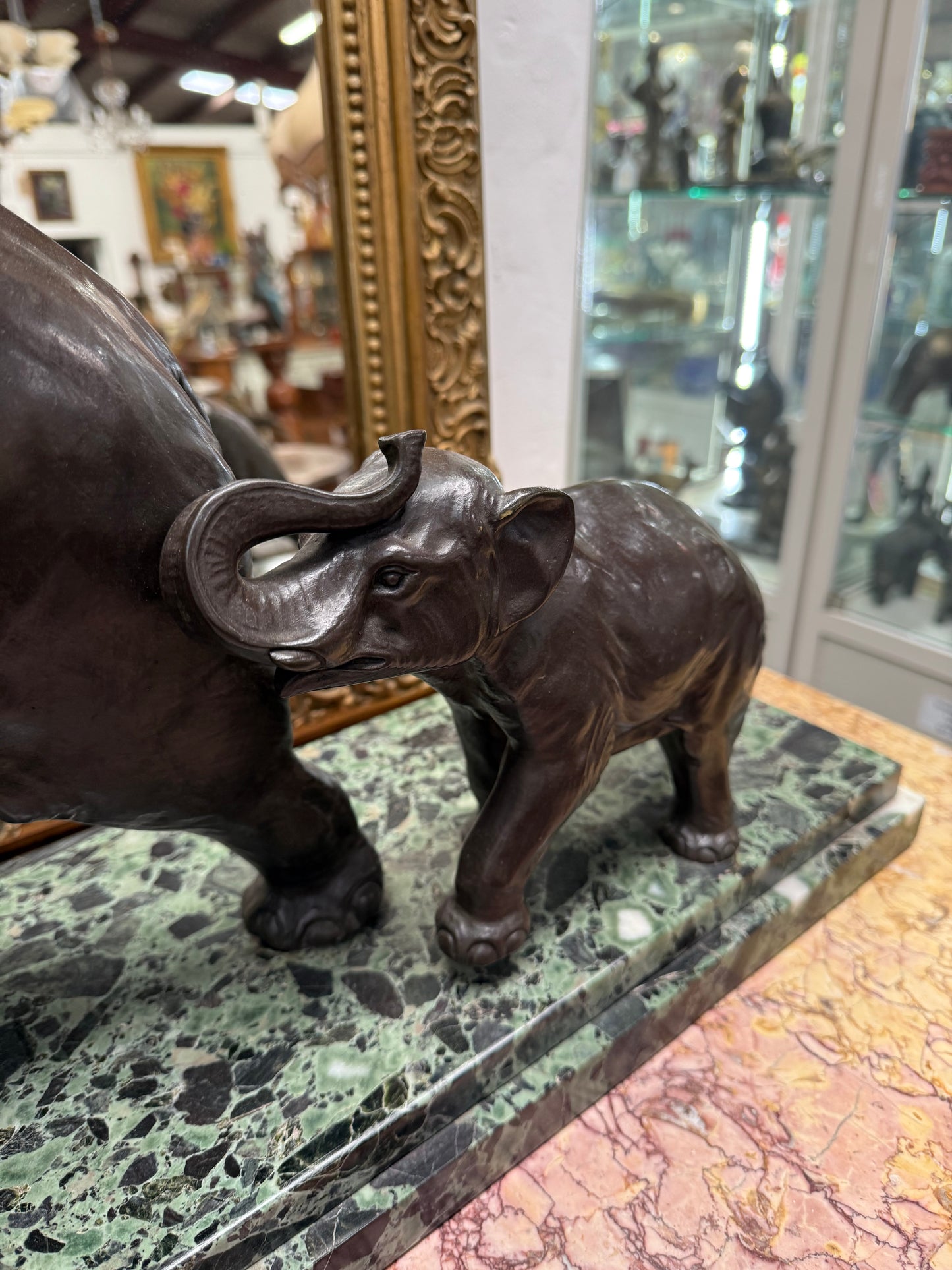 Art Deco Bronze & Marble Elephant Group Sculpture Signed "Richard"