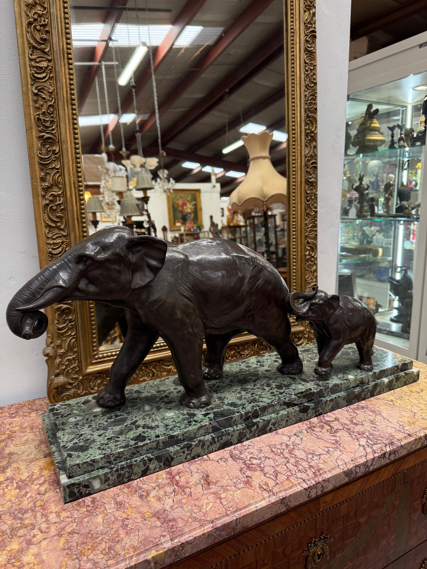 Art Deco Bronze & Marble Elephant Group Sculpture Signed "Richard"