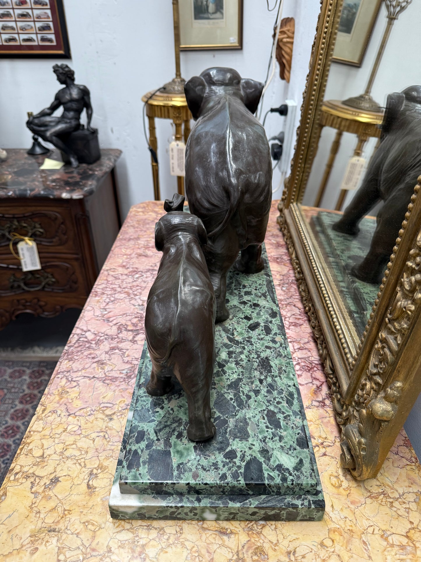 Art Deco Bronze & Marble Elephant Group Sculpture Signed "Richard"