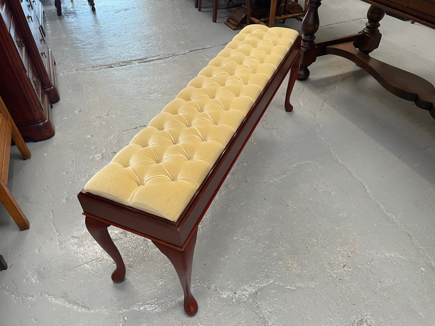 Vintage Mahogany Cabriole Leg Buttoned Upholstered Long Stool