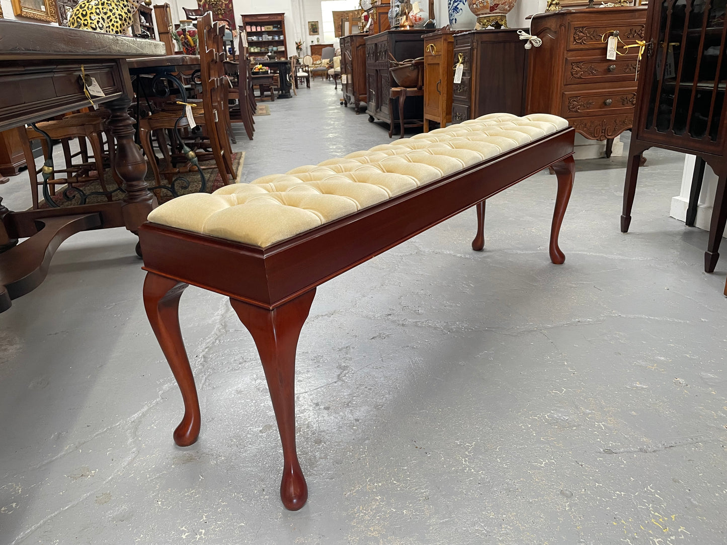 Vintage Mahogany Cabriole Leg Buttoned Upholstered Long Stool