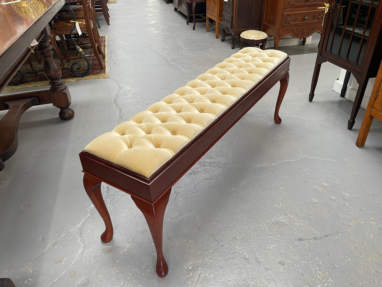 Vintage Mahogany Cabriole Leg Buttoned Upholstered Long Stool