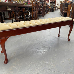 Vintage Mahogany Cabriole Leg Buttoned Upholstered Long Stool