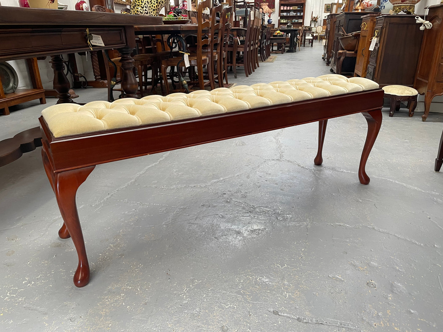 Vintage Mahogany Cabriole Leg Buttoned Upholstered Long Stool