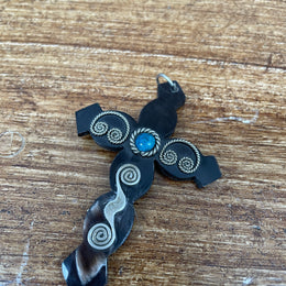 Antique Carved Horn & Silver & Lapis Cross