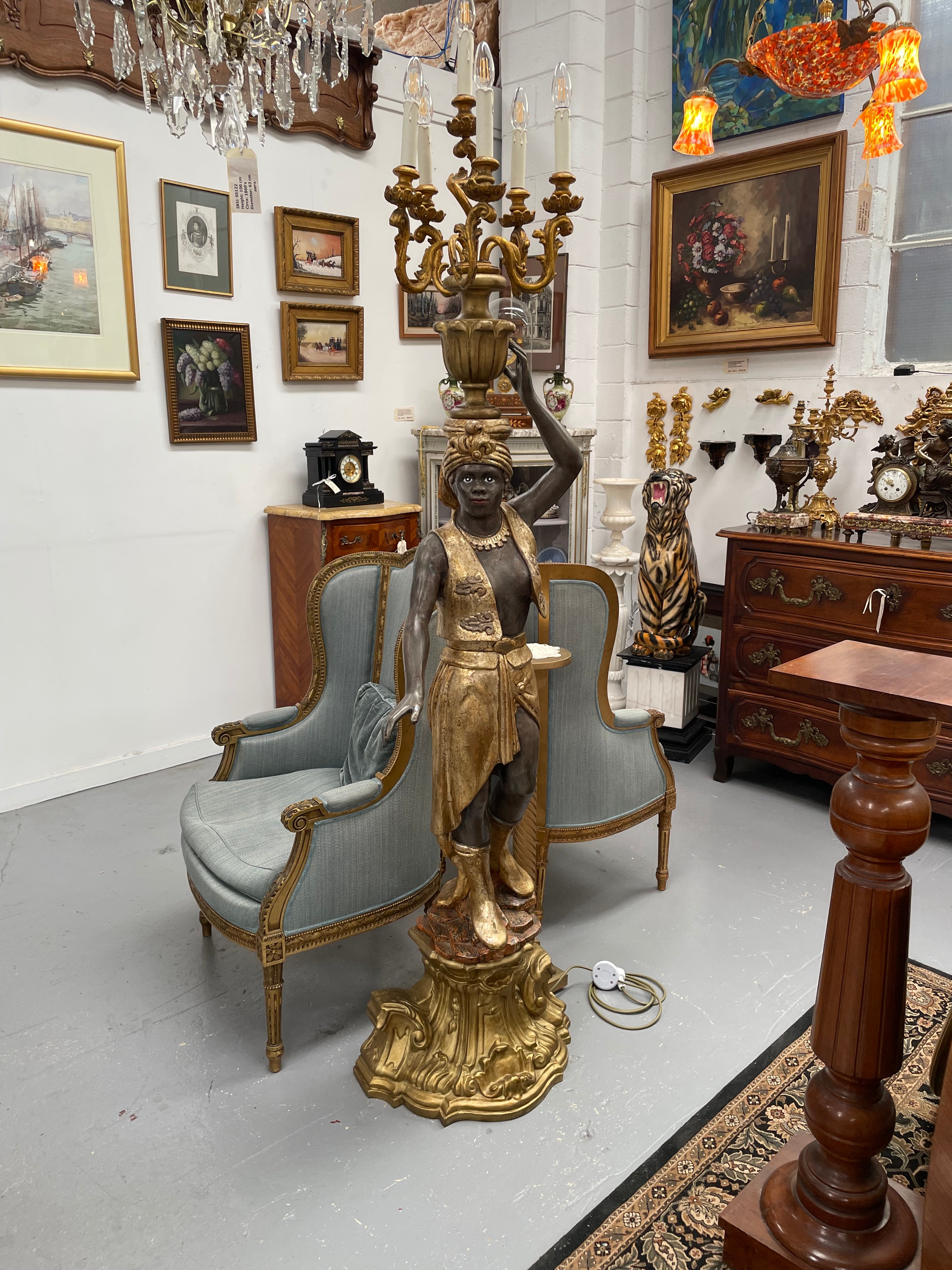 Late 19th Century Gilt Over Carved Wood Blackamoor Floor Lamp