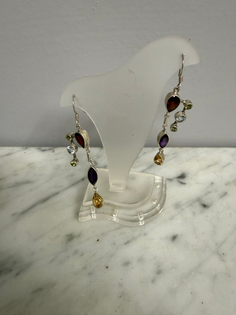Vintage Sterling Silver Earrings With Garnet, Blue Topaz& Peridot Stones