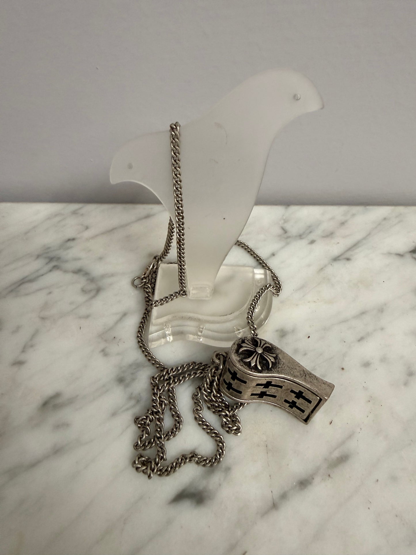 Vintage Silver Toned Metal Whistle Pendant & Chain