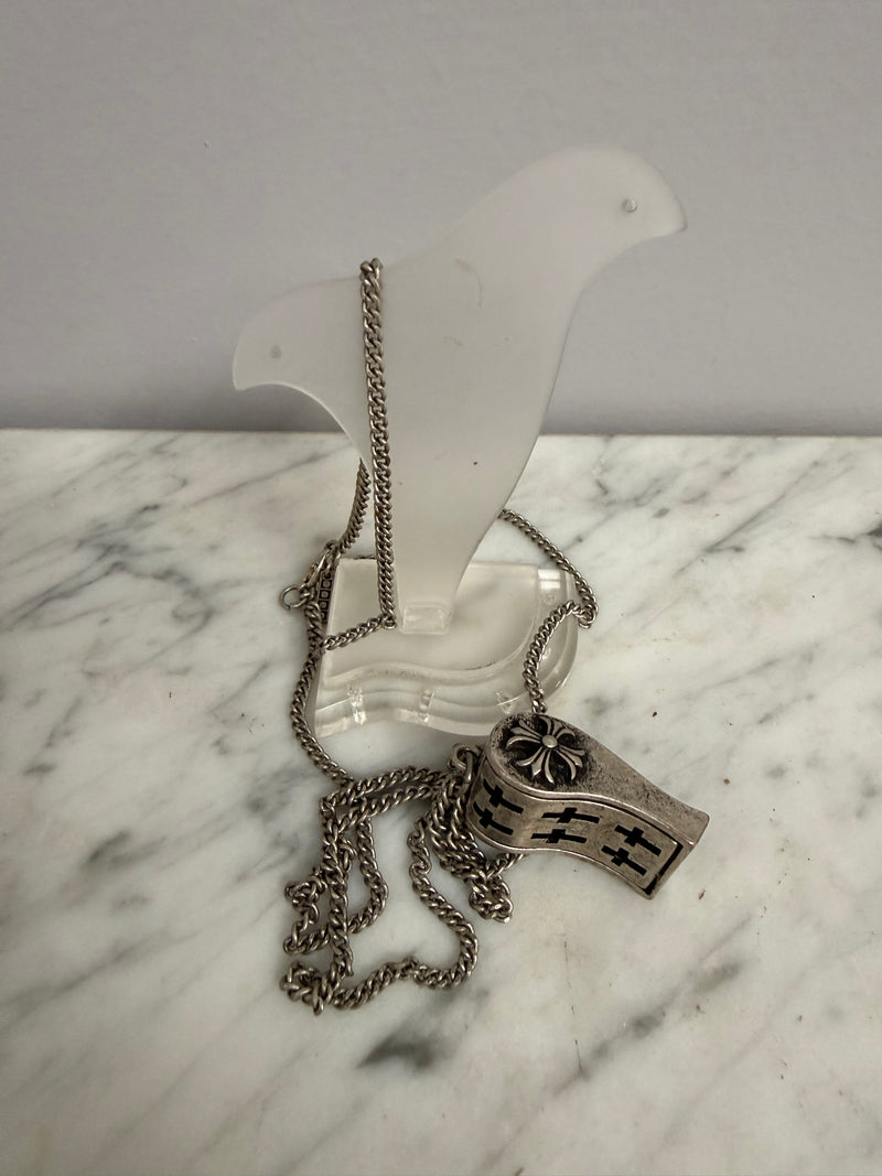 Vintage Silver Toned Metal Whistle Pendant & Chain