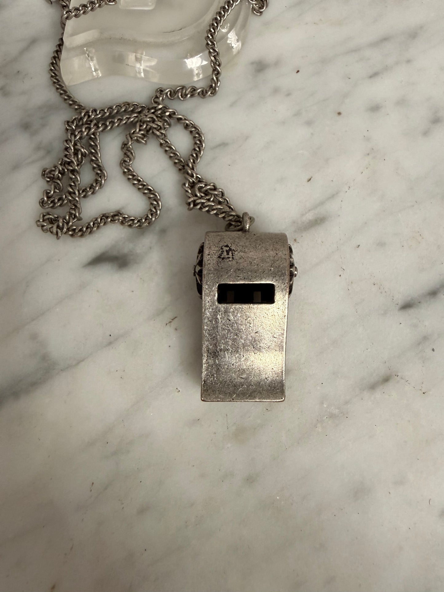 Vintage Silver Toned Metal Whistle Pendant & Chain