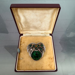 Vintage White Metal & Green Glass Brooch