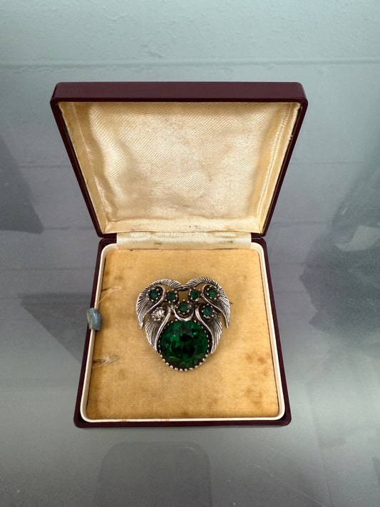 Vintage White Metal & Green Glass Brooch