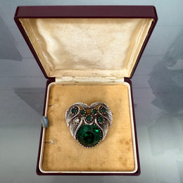Vintage White Metal & Green Glass Brooch