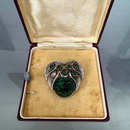 Vintage White Metal & Green Glass Brooch