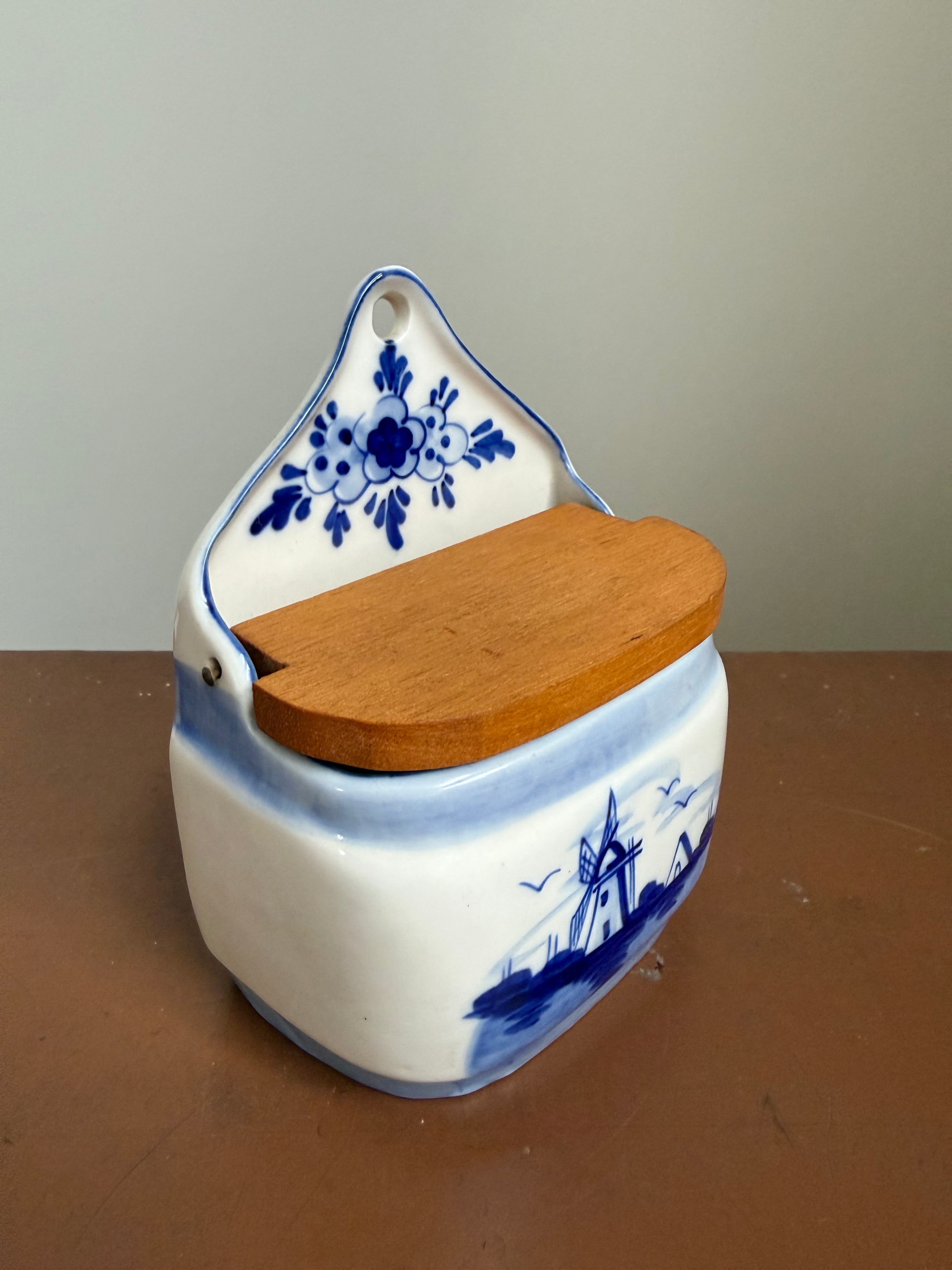 Hand-Painted Delfts Blue Wall Salt Box with Wooden Lid