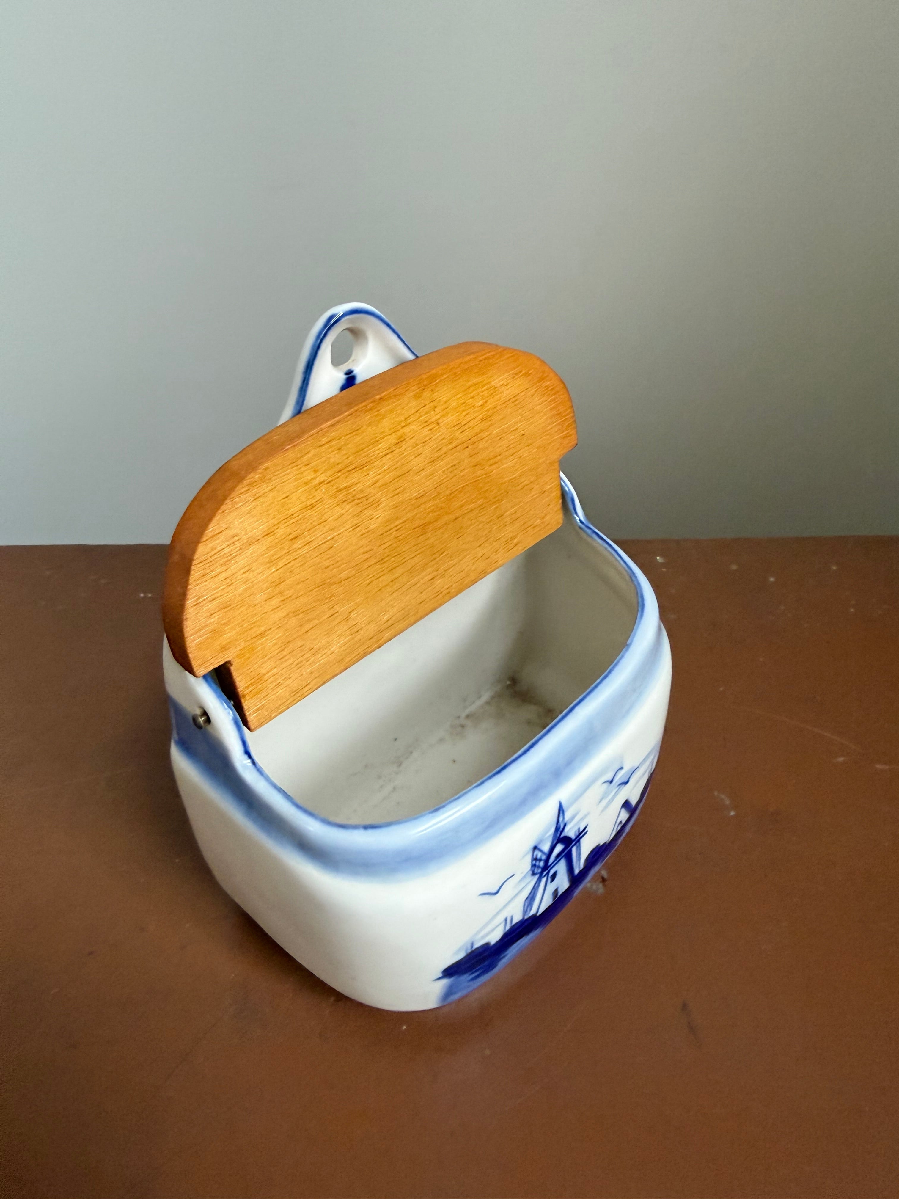 Hand-Painted Delfts Blue Wall Salt Box with Wooden Lid