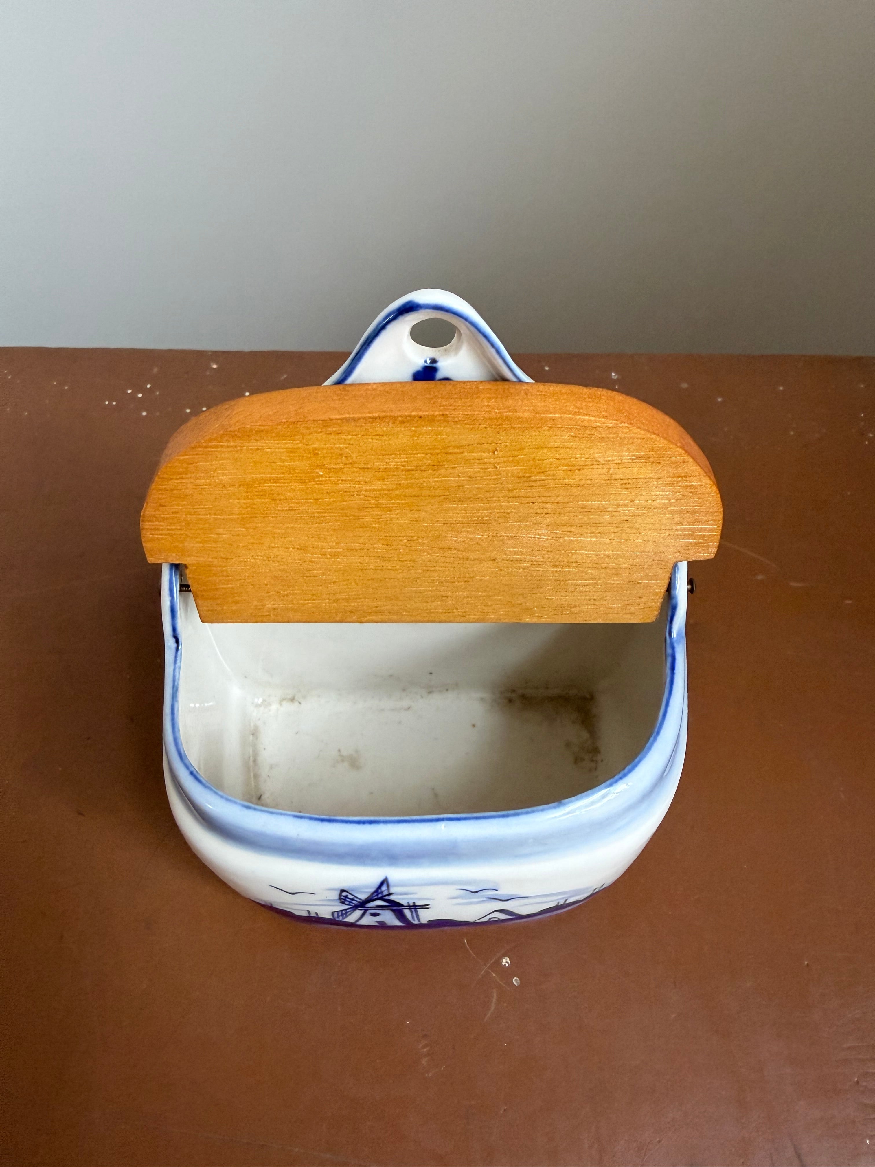 Hand-Painted Delfts Blue Wall Salt Box with Wooden Lid