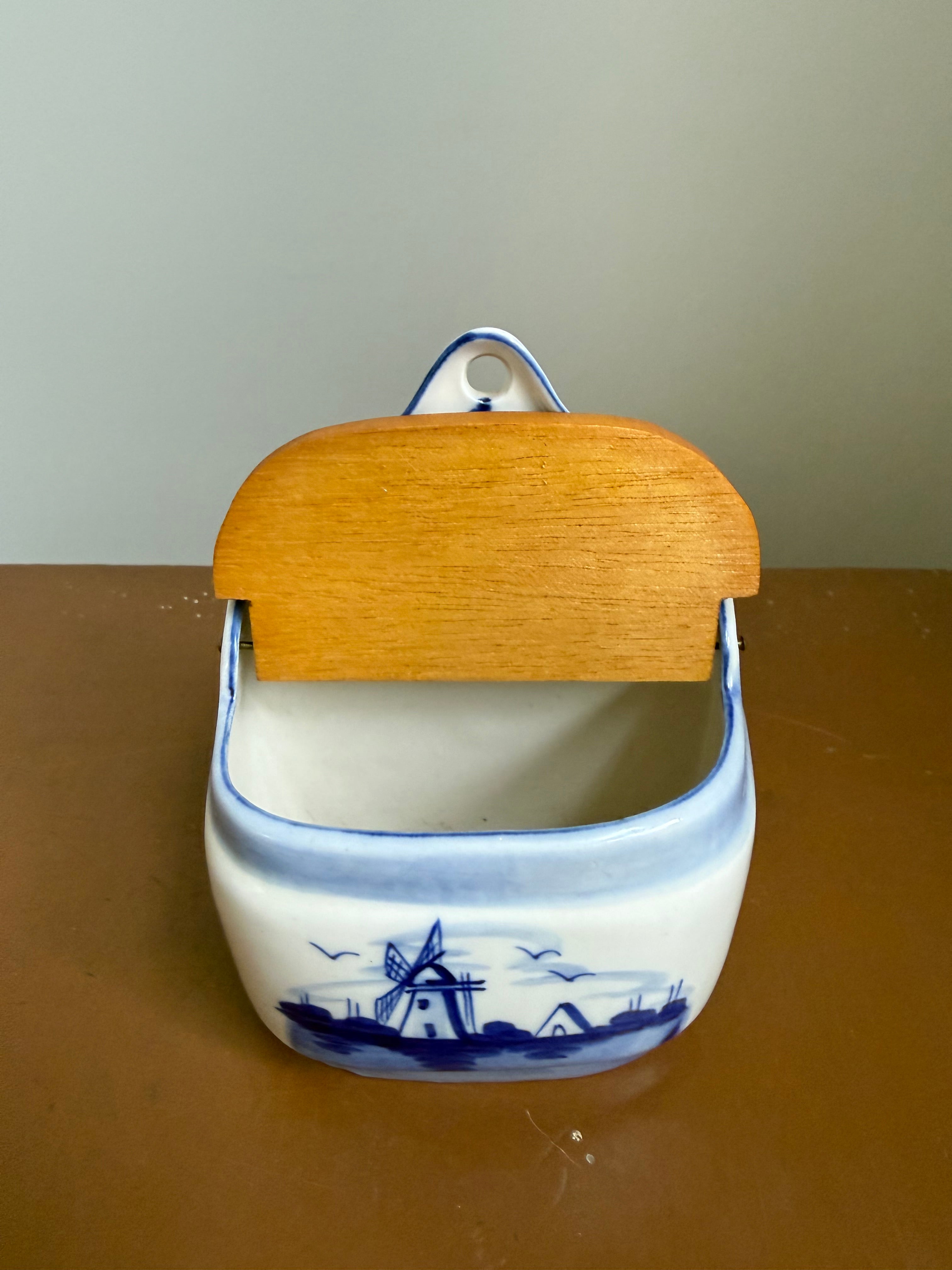 Hand-Painted Delfts Blue Wall Salt Box with Wooden Lid