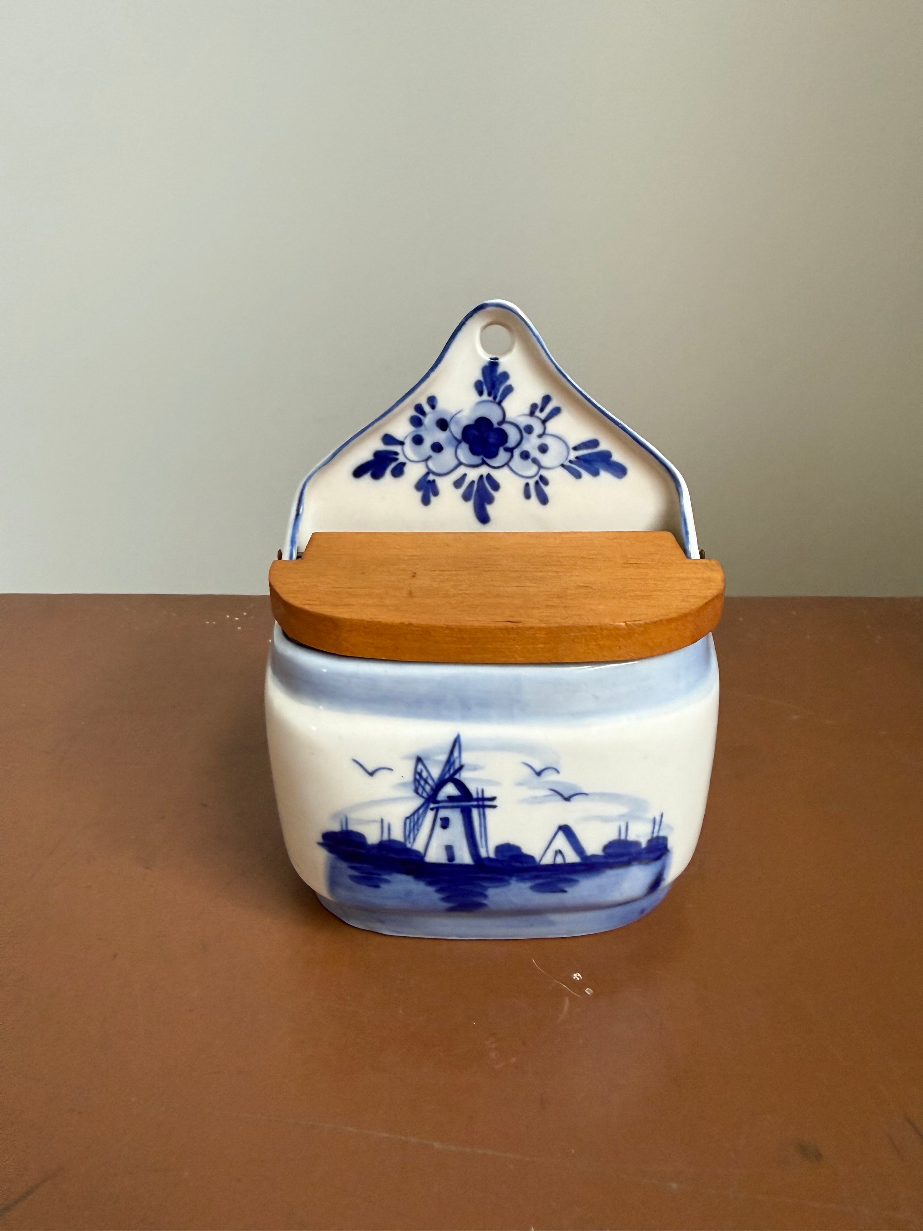Hand-Painted Delfts Blue Wall Salt Box with Wooden Lid