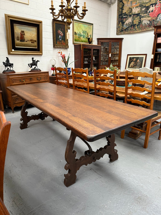 Vintage Spanish Style Oak Dining Table With Wrought Iron Base