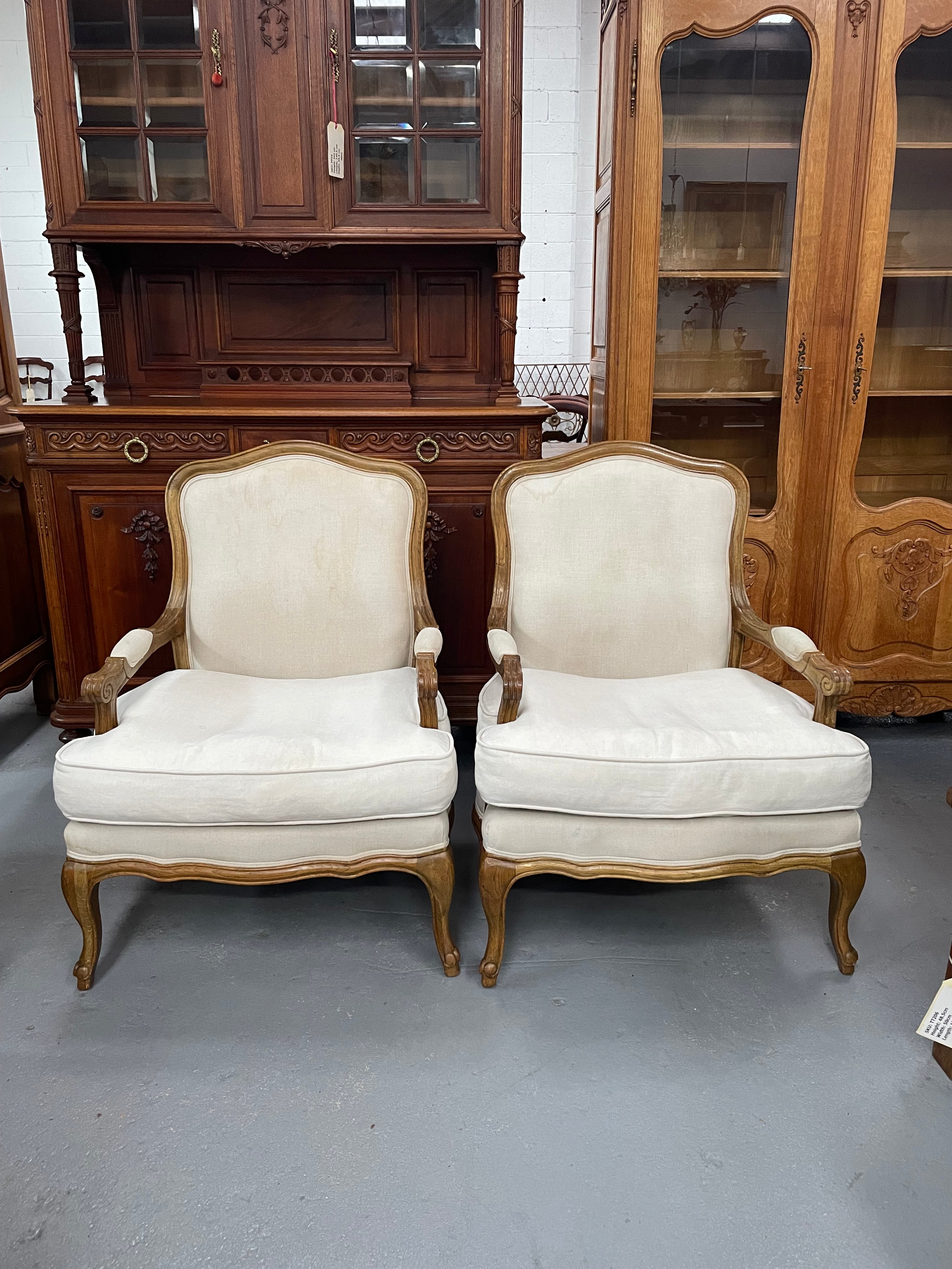 Pair Louis 15th Style Oak Framed Bergeres Chairs