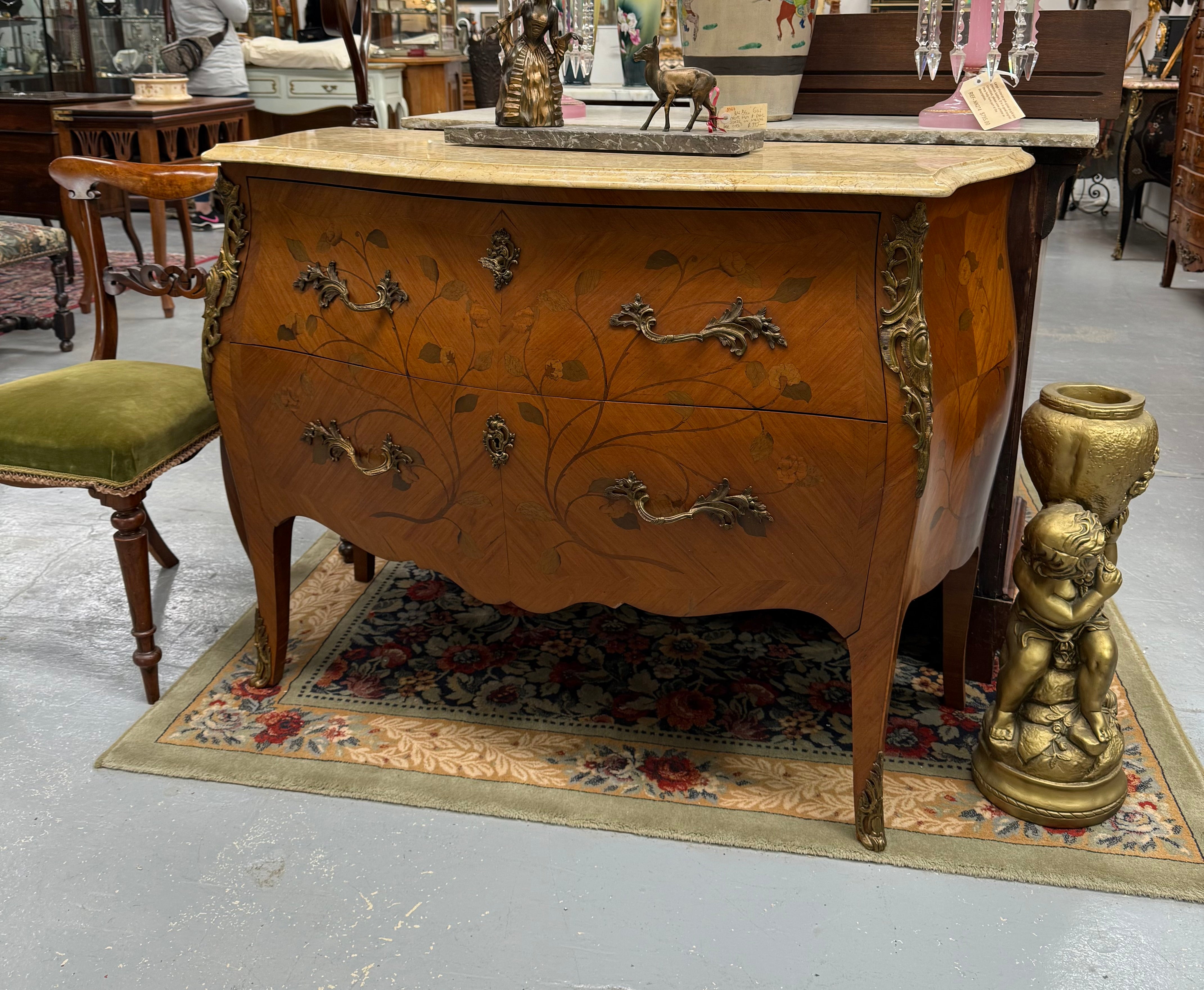 French 2 Drawer Commode With Marquetry Inlay & Marble Top | Antique & Vintage | Moonee Ponds Antiques | Australia Wide Delivery
